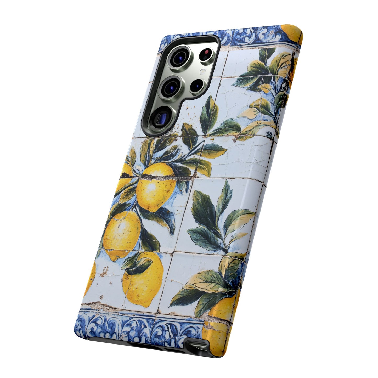 Phone Case, Coastal Tough Case With Lemons in Distressed Ceramic Tile Design, Protective Cover, Summer Accessory, Mediterranean Style iPhone