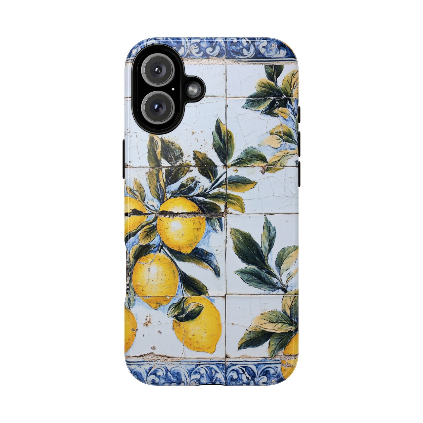 Phone Case, Coastal Tough Case With Lemons in Distressed Ceramic Tile Design, Protective Cover, Summer Accessory, Mediterranean Style iPhone