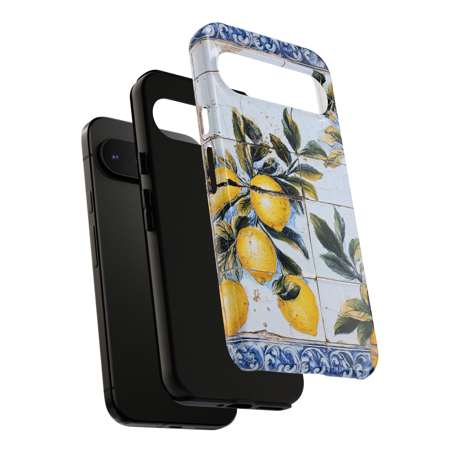 Phone Case, Coastal Tough Case With Lemons in Distressed Ceramic Tile Design, Protective Cover, Summer Accessory, Mediterranean Style iPhone