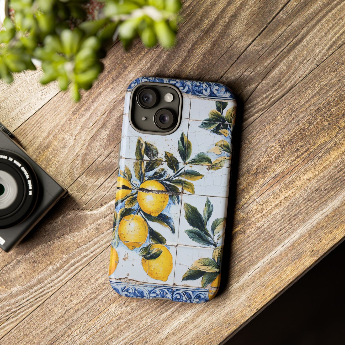 Phone Case, Coastal Tough Case With Lemons in Distressed Ceramic Tile Design, Protective Cover, Summer Accessory, Mediterranean Style iPhone