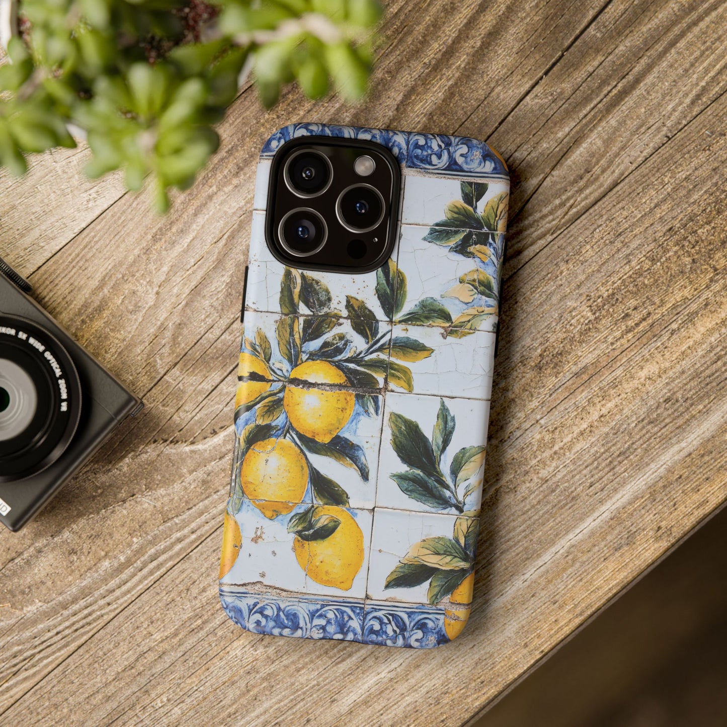 Phone Case, Coastal Tough Case With Lemons in Distressed Ceramic Tile Design, Protective Cover, Summer Accessory, Mediterranean Style iPhone