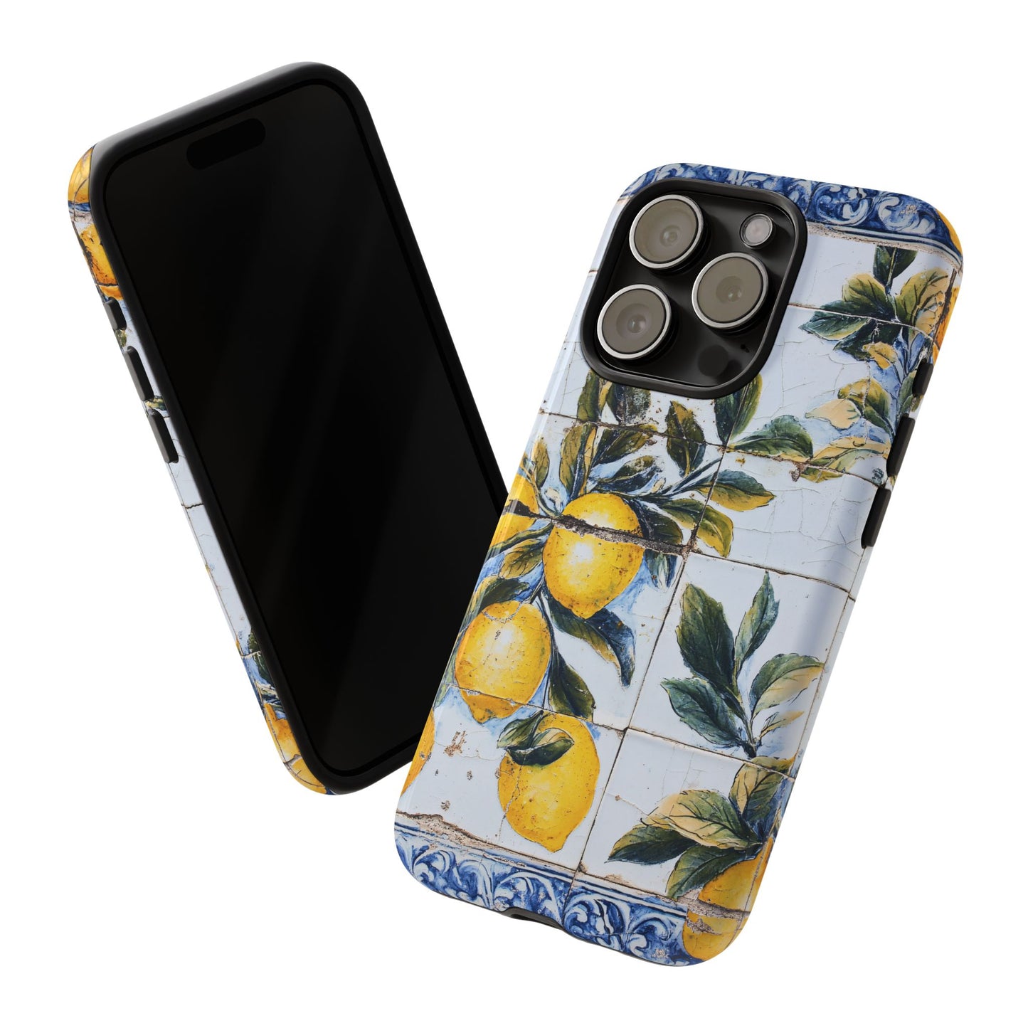 Phone Case, Coastal Tough Case With Lemons in Distressed Ceramic Tile Design, Protective Cover, Summer Accessory, Mediterranean Style iPhone