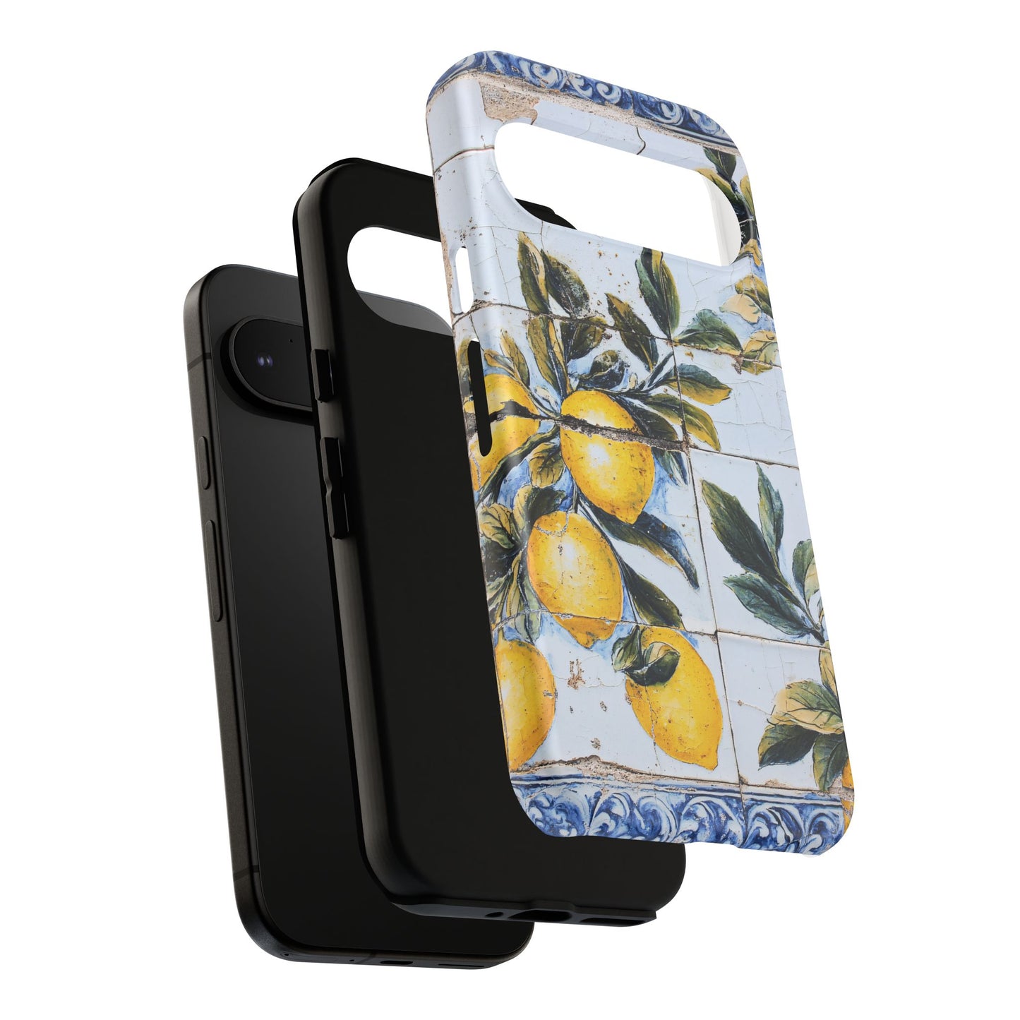 Phone Case, Coastal Tough Case With Lemons in Distressed Ceramic Tile Design, Protective Cover, Summer Accessory, Mediterranean Style iPhone