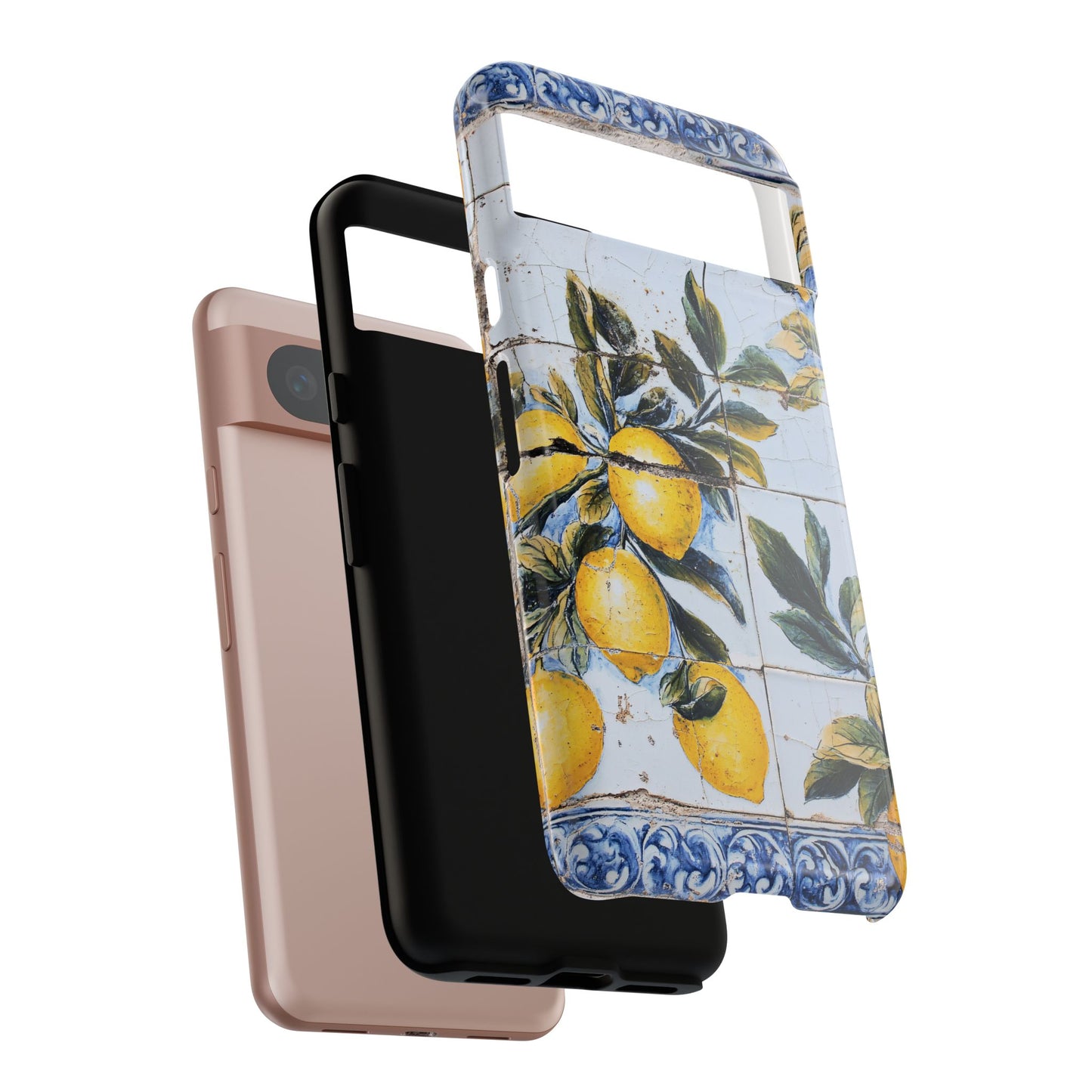 Phone Case, Coastal Tough Case With Lemons in Distressed Ceramic Tile Design, Protective Cover, Summer Accessory, Mediterranean Style iPhone