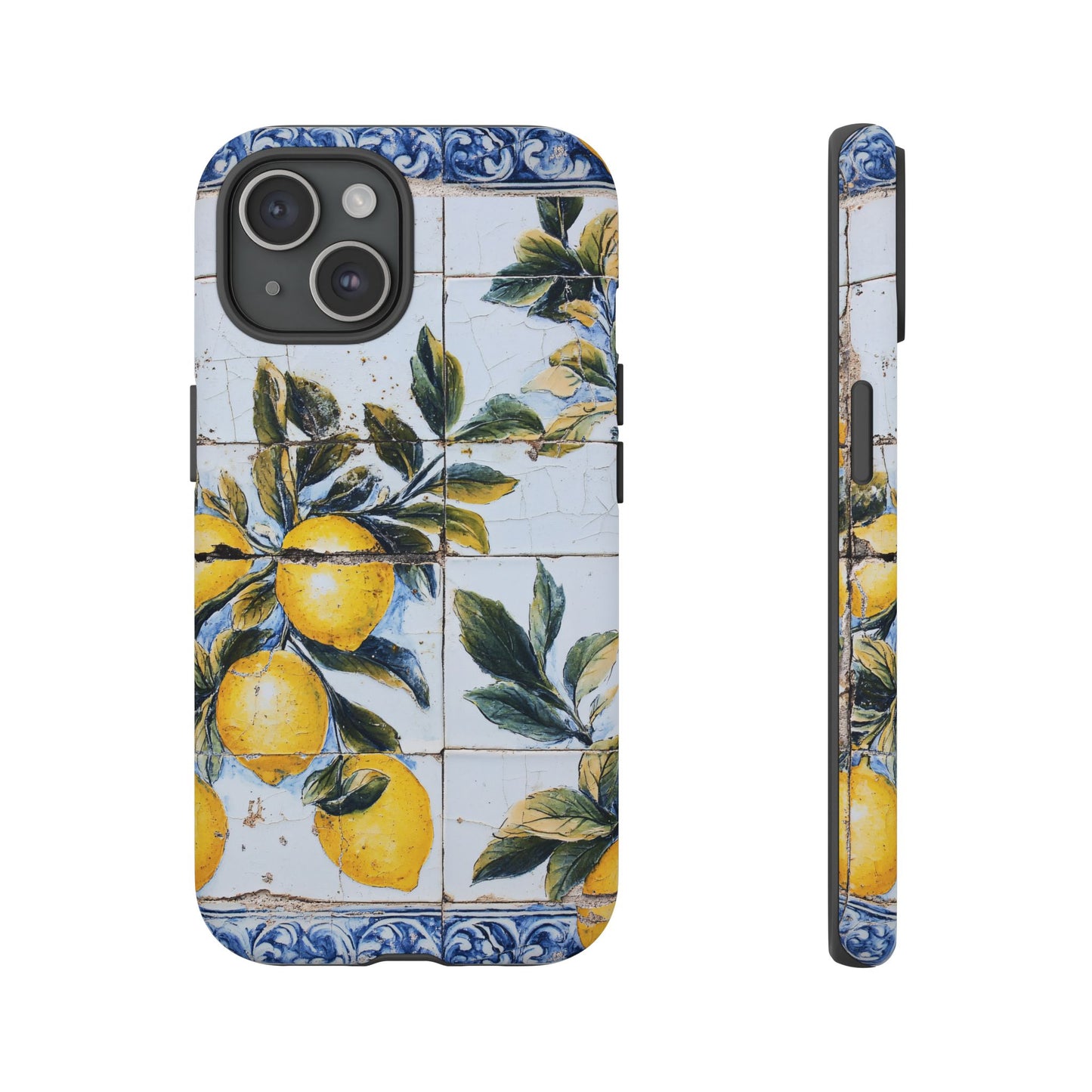 Phone Case, Coastal Tough Case With Lemons in Distressed Ceramic Tile Design, Protective Cover, Summer Accessory, Mediterranean Style iPhone