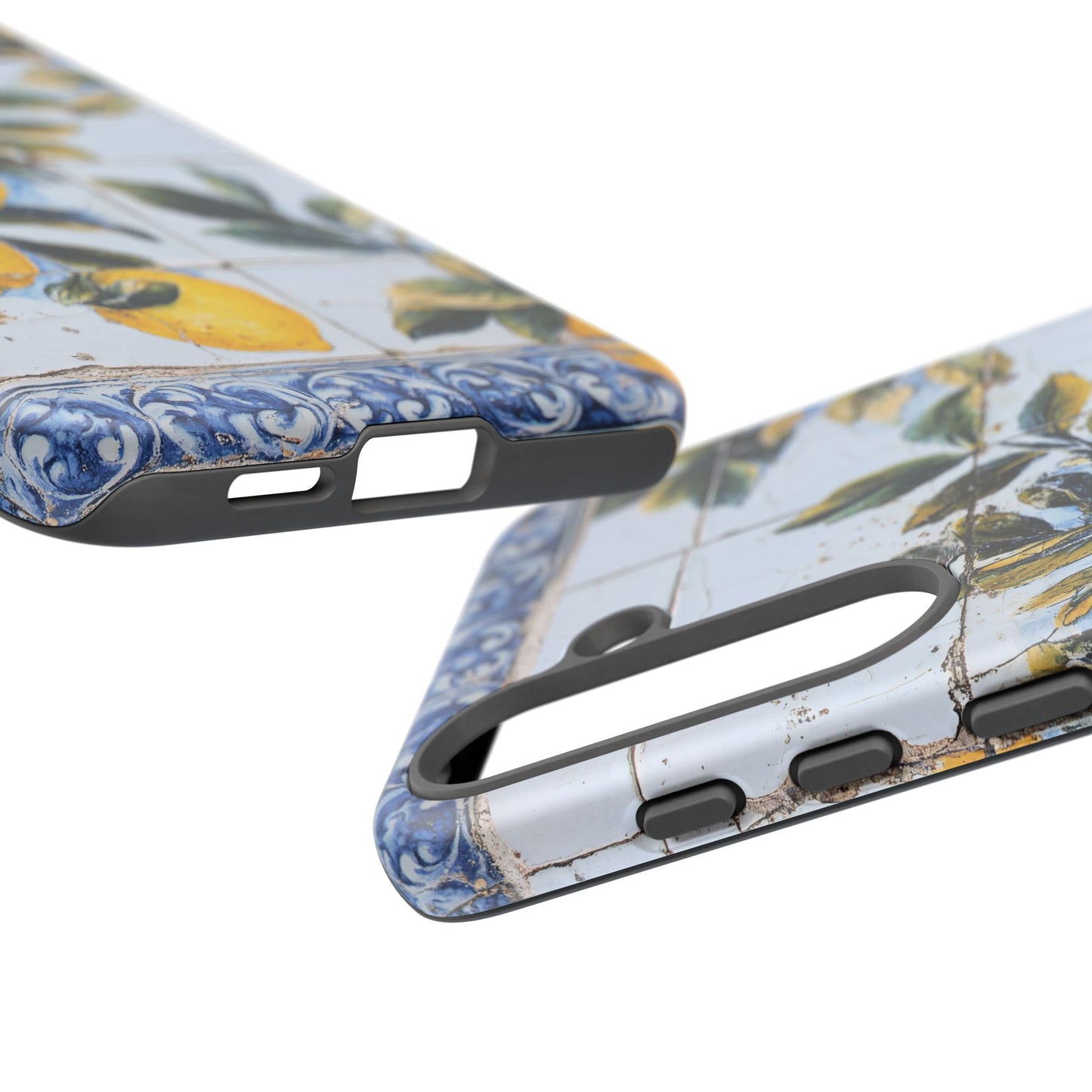 Phone Case, Coastal Tough Case With Lemons in Distressed Ceramic Tile Design, Protective Cover, Summer Accessory, Mediterranean Style iPhone