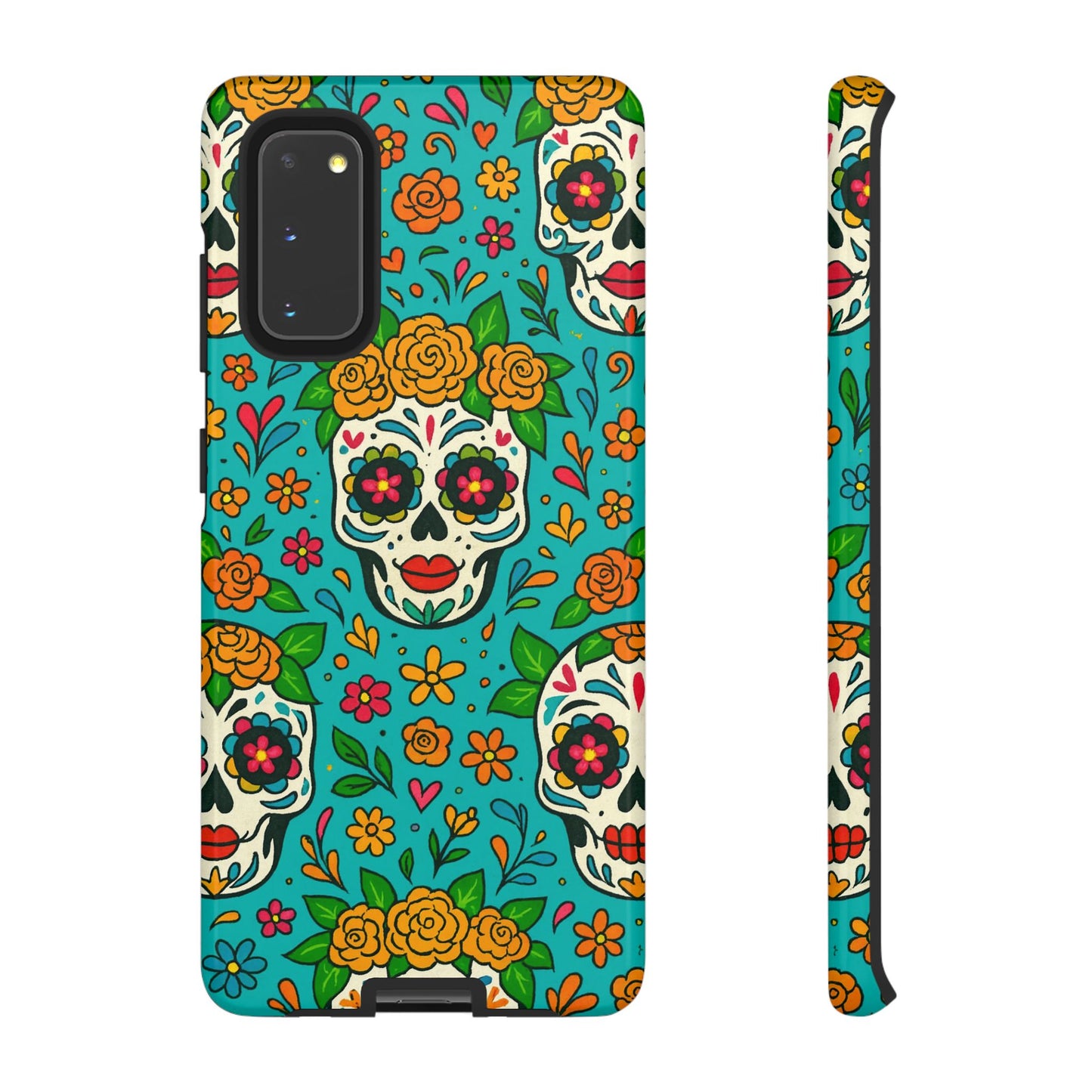 Teal Mexican Style Phone Cases With Floral Skulls - Dia De Los Muertos