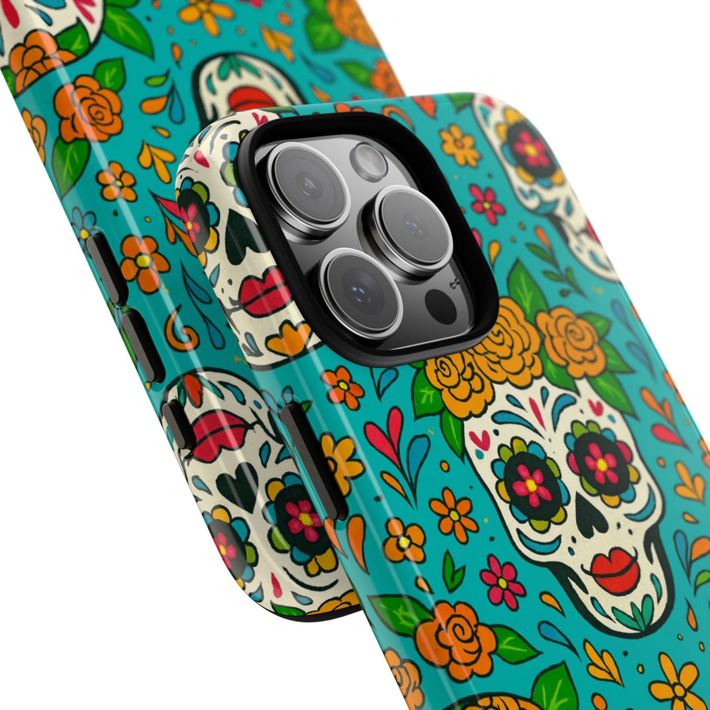 Teal Mexican Style Phone Cases With Floral Skulls - Dia De Los Muertos