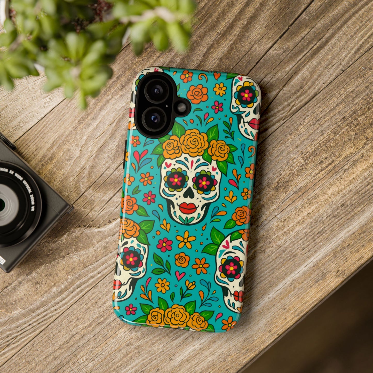 Teal Mexican Style Phone Cases With Floral Skulls - Dia De Los Muertos