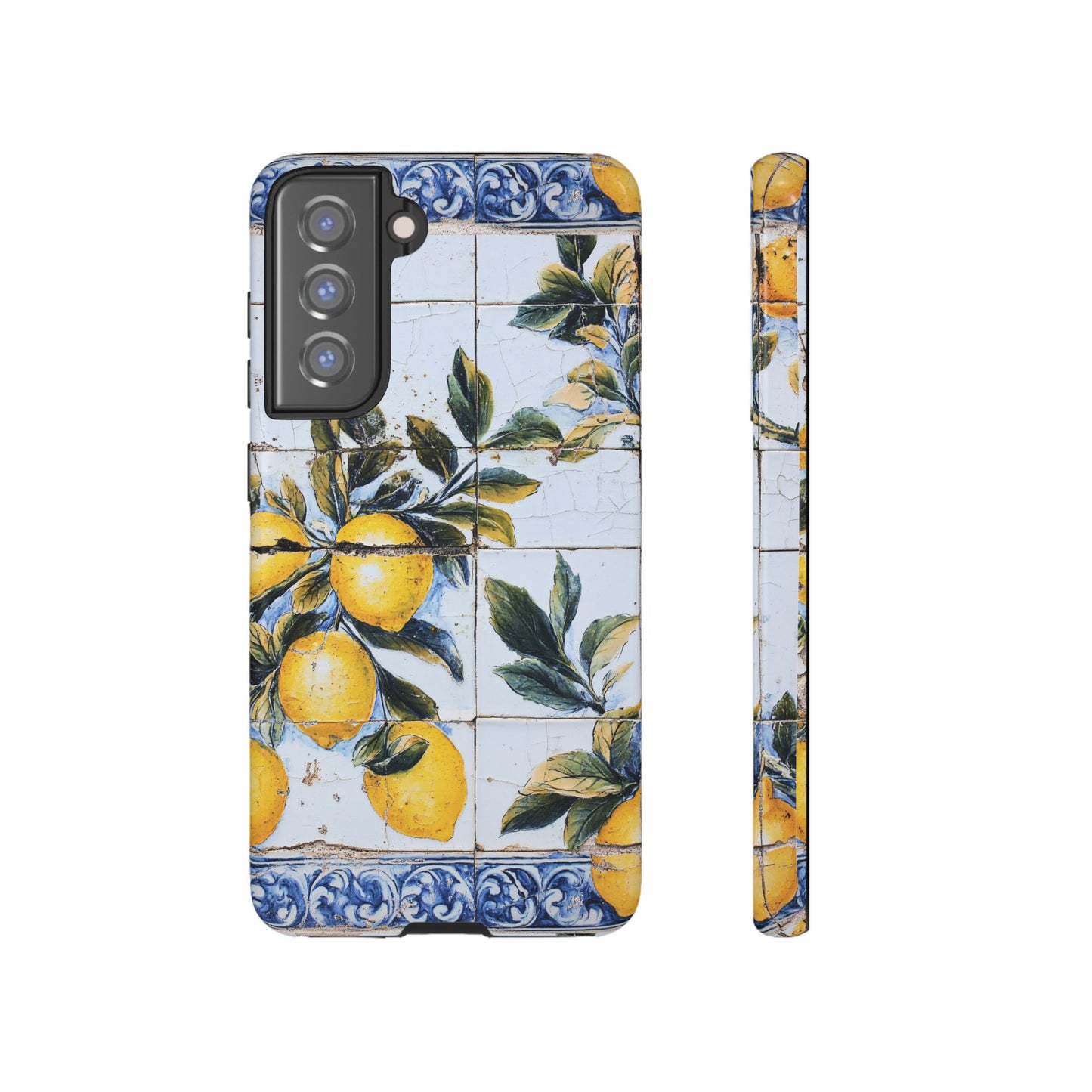Phone Case, Coastal Tough Case With Lemons in Distressed Ceramic Tile Design, Protective Cover, Summer Accessory, Mediterranean Style iPhone