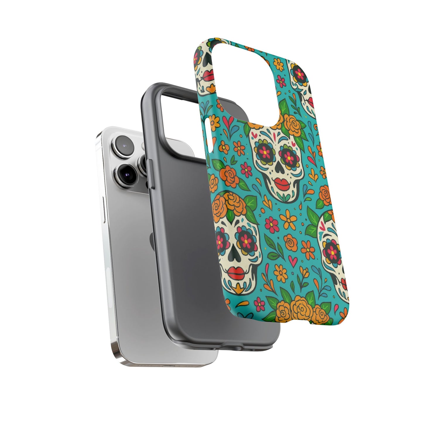 Teal Mexican Style Phone Cases With Floral Skulls - Dia De Los Muertos