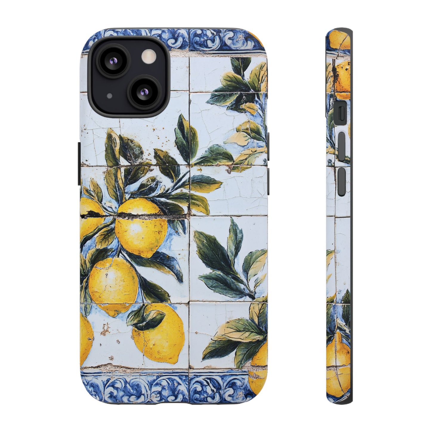 Phone Case, Coastal Tough Case With Lemons in Distressed Ceramic Tile Design, Protective Cover, Summer Accessory, Mediterranean Style iPhone