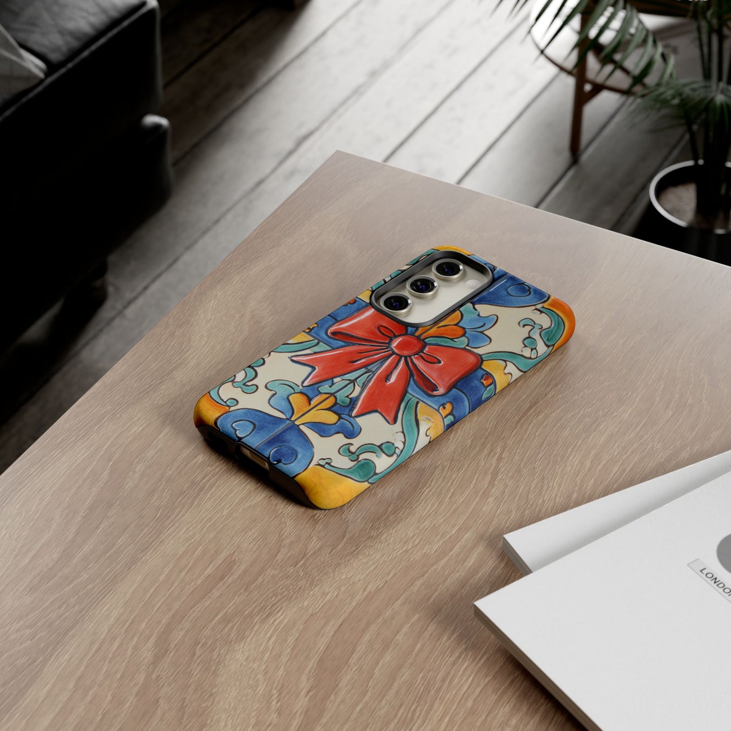 Colourful Ceramic Tile Design Phone Case With Red Bow