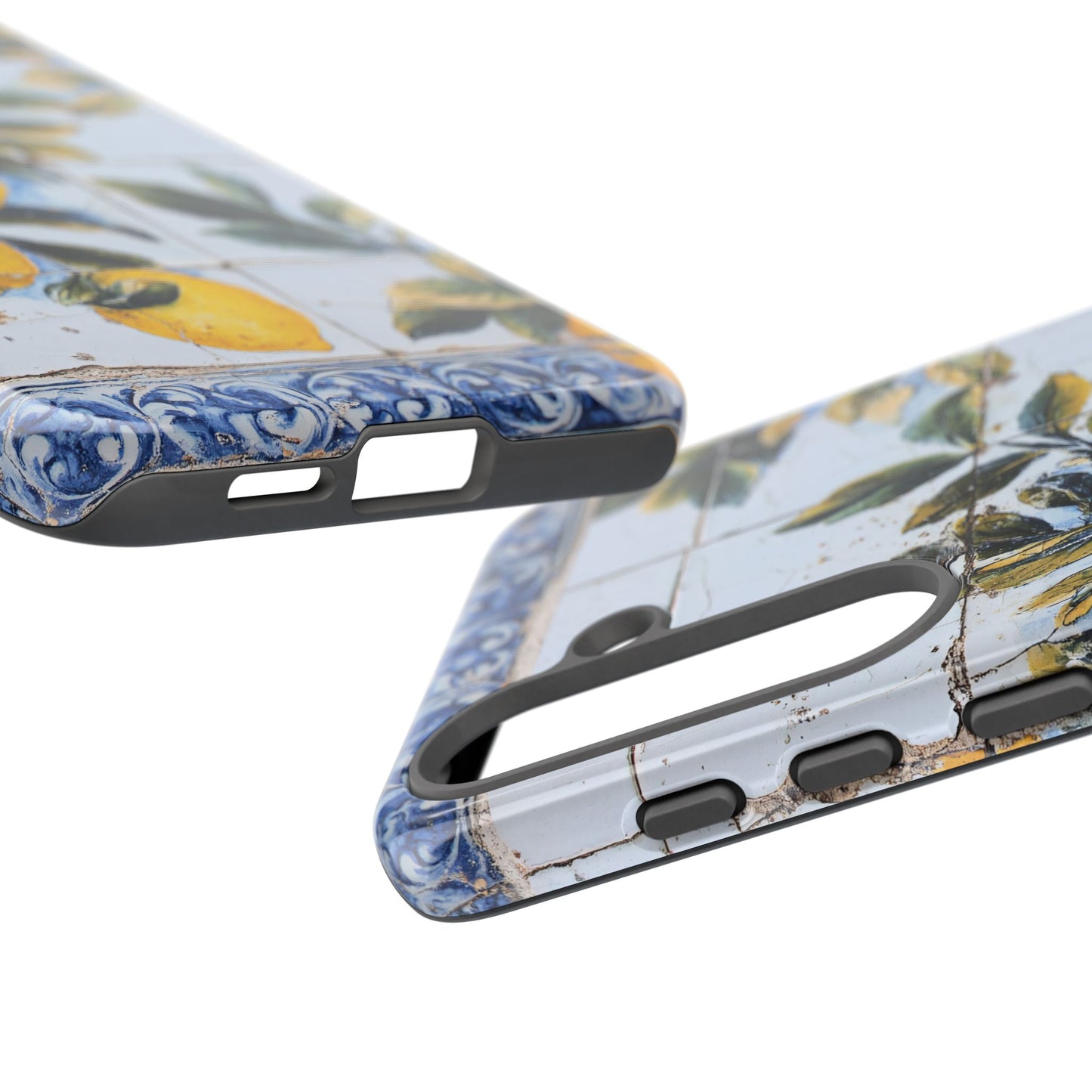 Phone Case, Coastal Tough Case With Lemons in Distressed Ceramic Tile Design, Protective Cover, Summer Accessory, Mediterranean Style iPhone