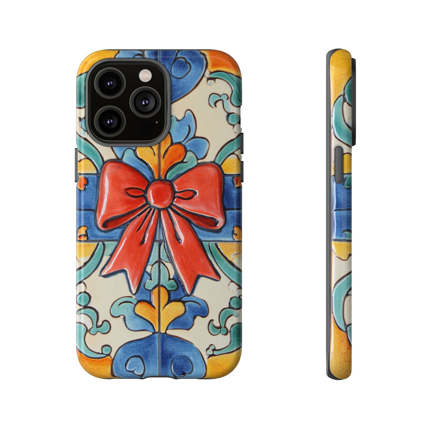 Colourful Ceramic Tile Design Phone Case With Red Bow