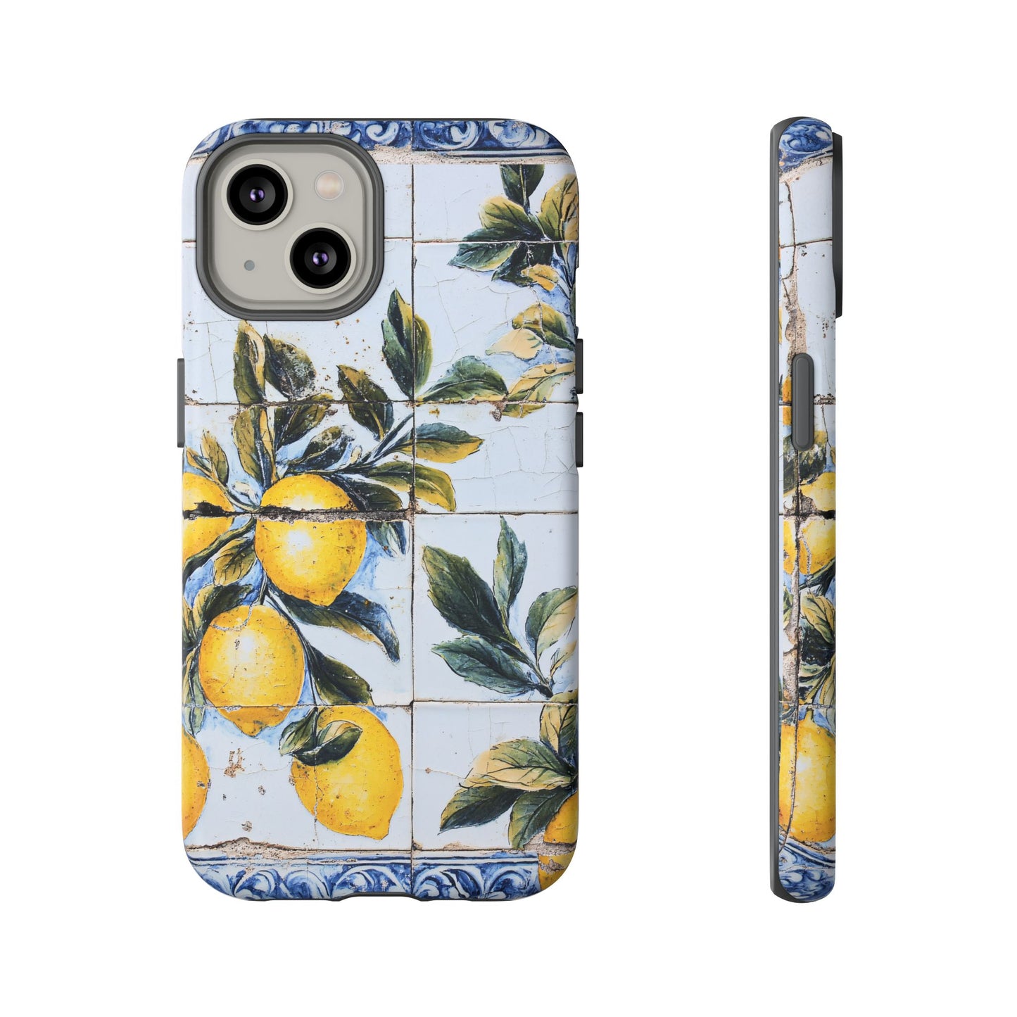 Phone Case, Coastal Tough Case With Lemons in Distressed Ceramic Tile Design, Protective Cover, Summer Accessory, Mediterranean Style iPhone