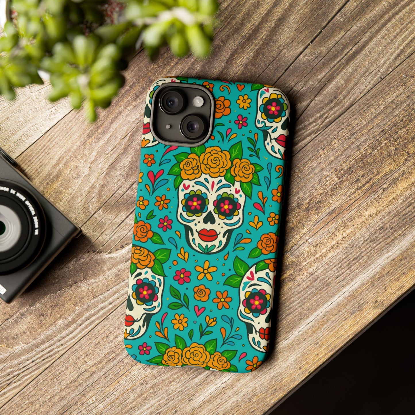 Teal Mexican Style Phone Cases With Floral Skulls - Dia De Los Muertos