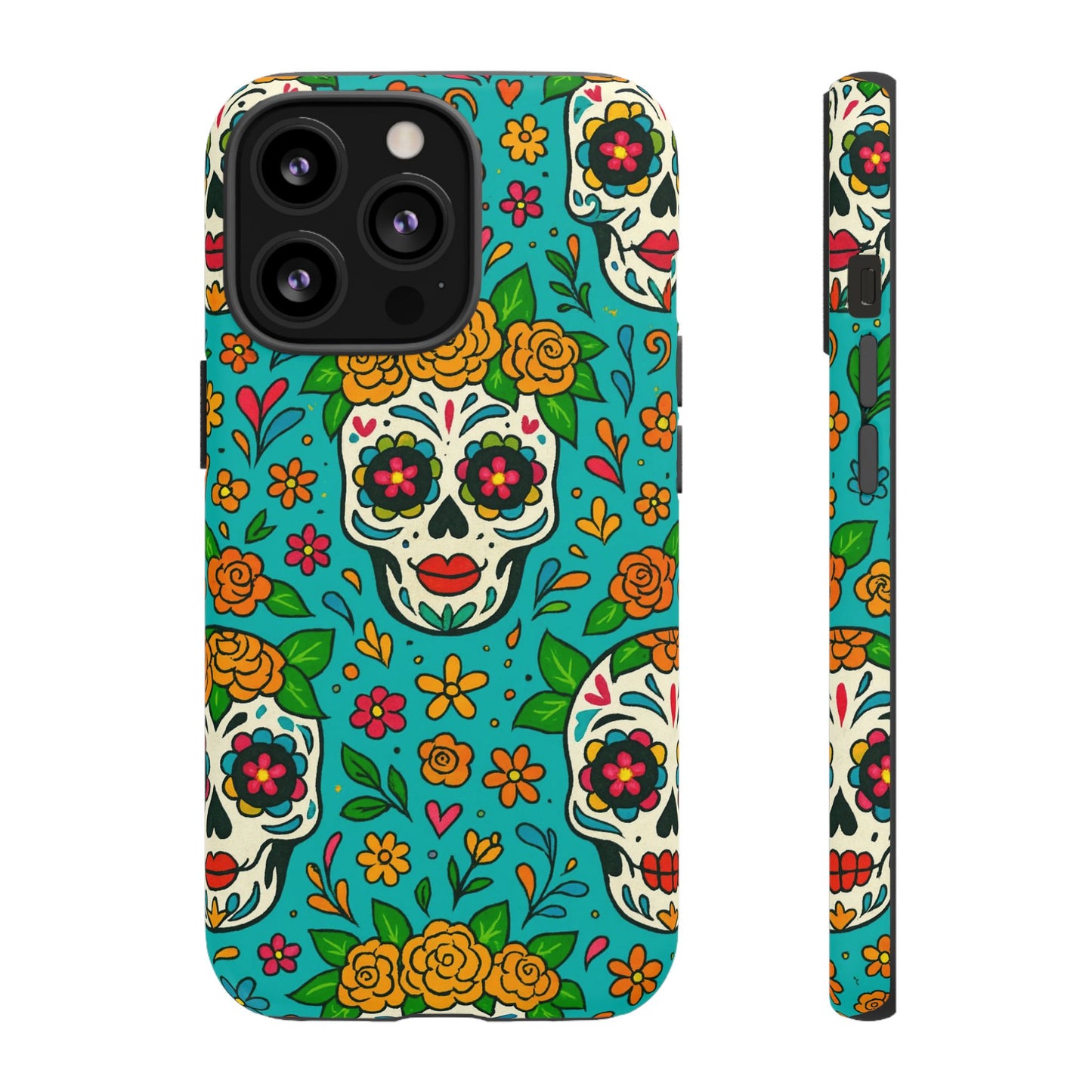 Teal Mexican Style Phone Cases With Floral Skulls - Dia De Los Muertos
