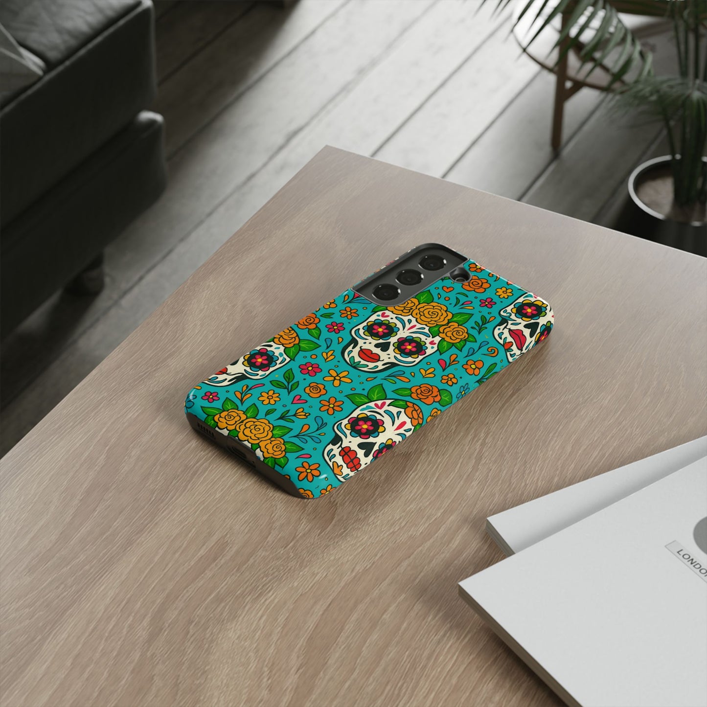 Teal Mexican Style Phone Cases With Floral Skulls - Dia De Los Muertos