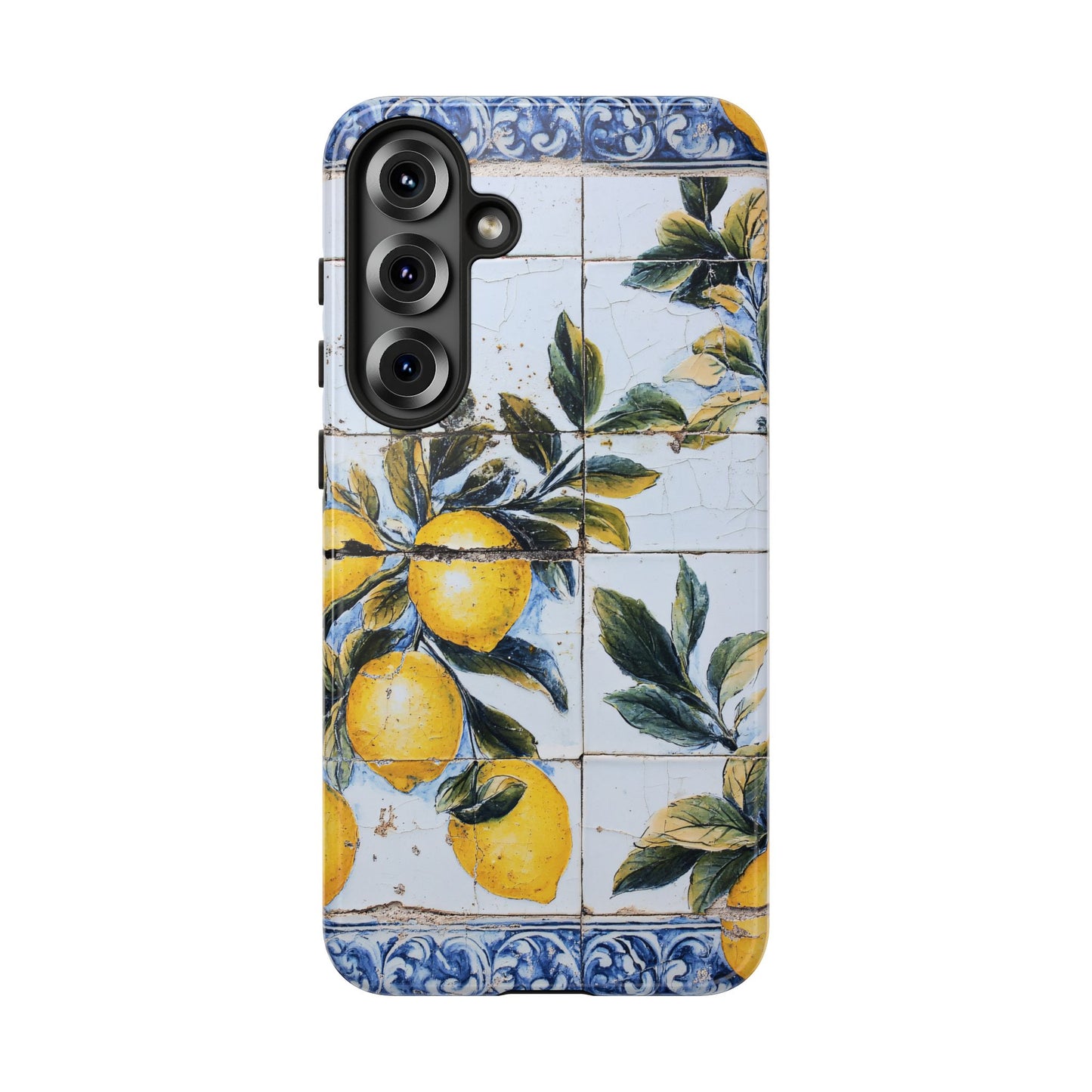 Phone Case, Coastal Tough Case With Lemons in Distressed Ceramic Tile Design, Protective Cover, Summer Accessory, Mediterranean Style iPhone