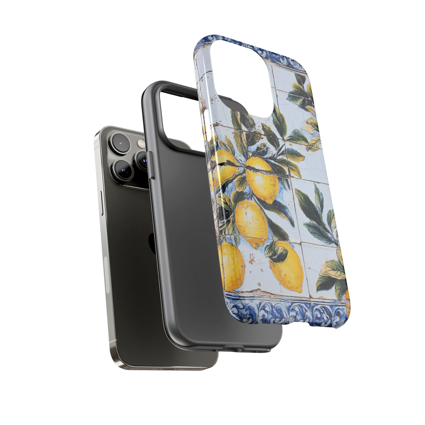 Phone Case, Coastal Tough Case With Lemons in Distressed Ceramic Tile Design, Protective Cover, Summer Accessory, Mediterranean Style iPhone