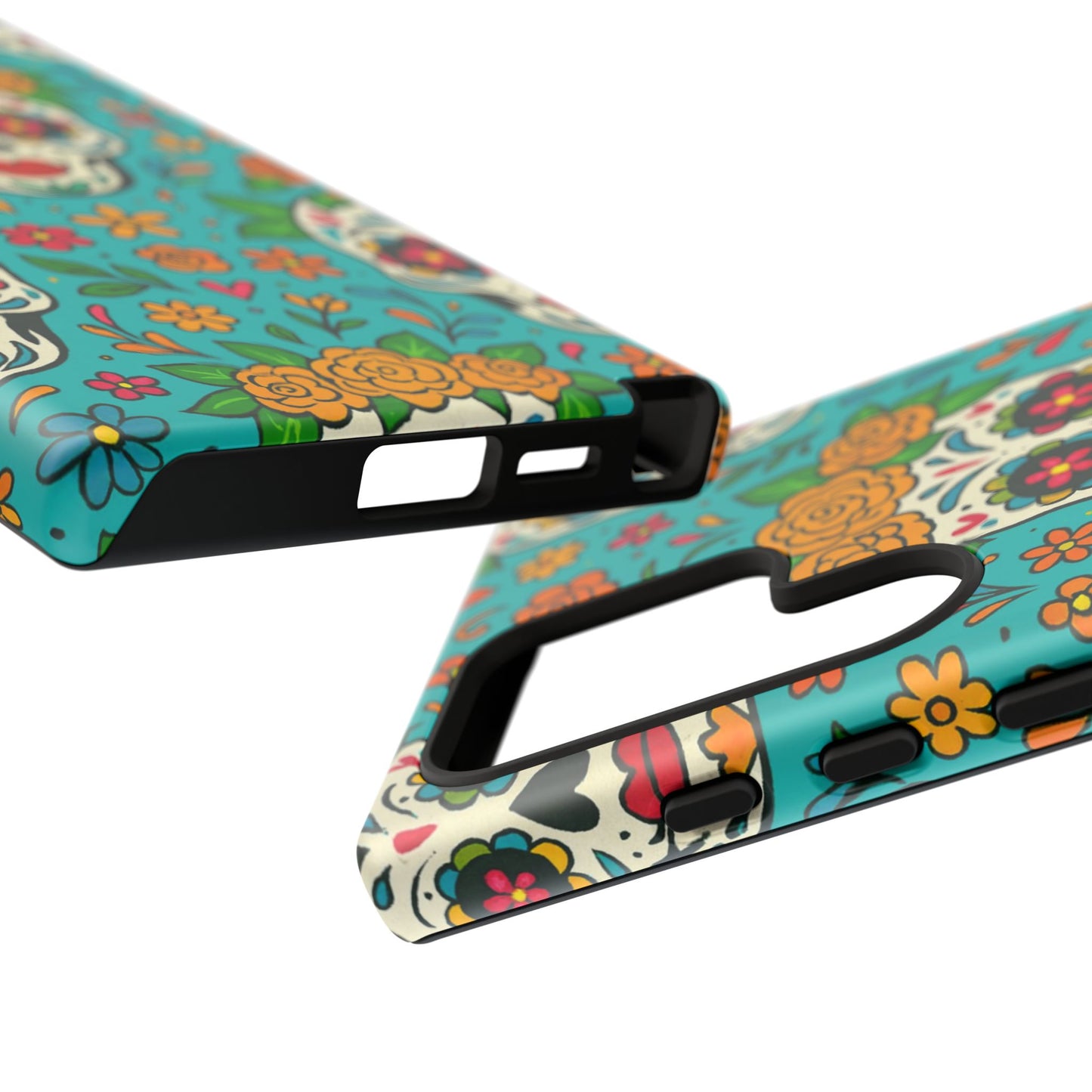 Teal Mexican Style Phone Cases With Floral Skulls - Dia De Los Muertos