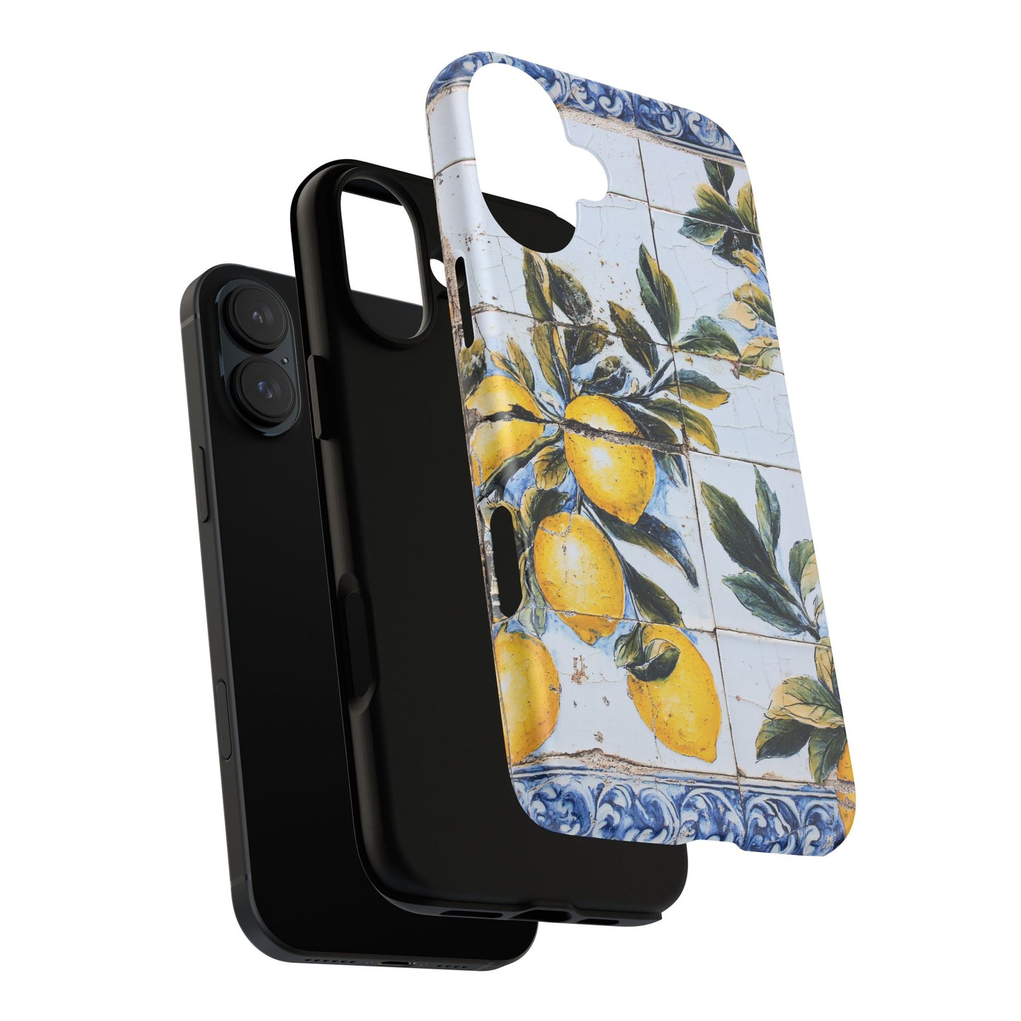 Phone Case, Coastal Tough Case With Lemons in Distressed Ceramic Tile Design, Protective Cover, Summer Accessory, Mediterranean Style iPhone