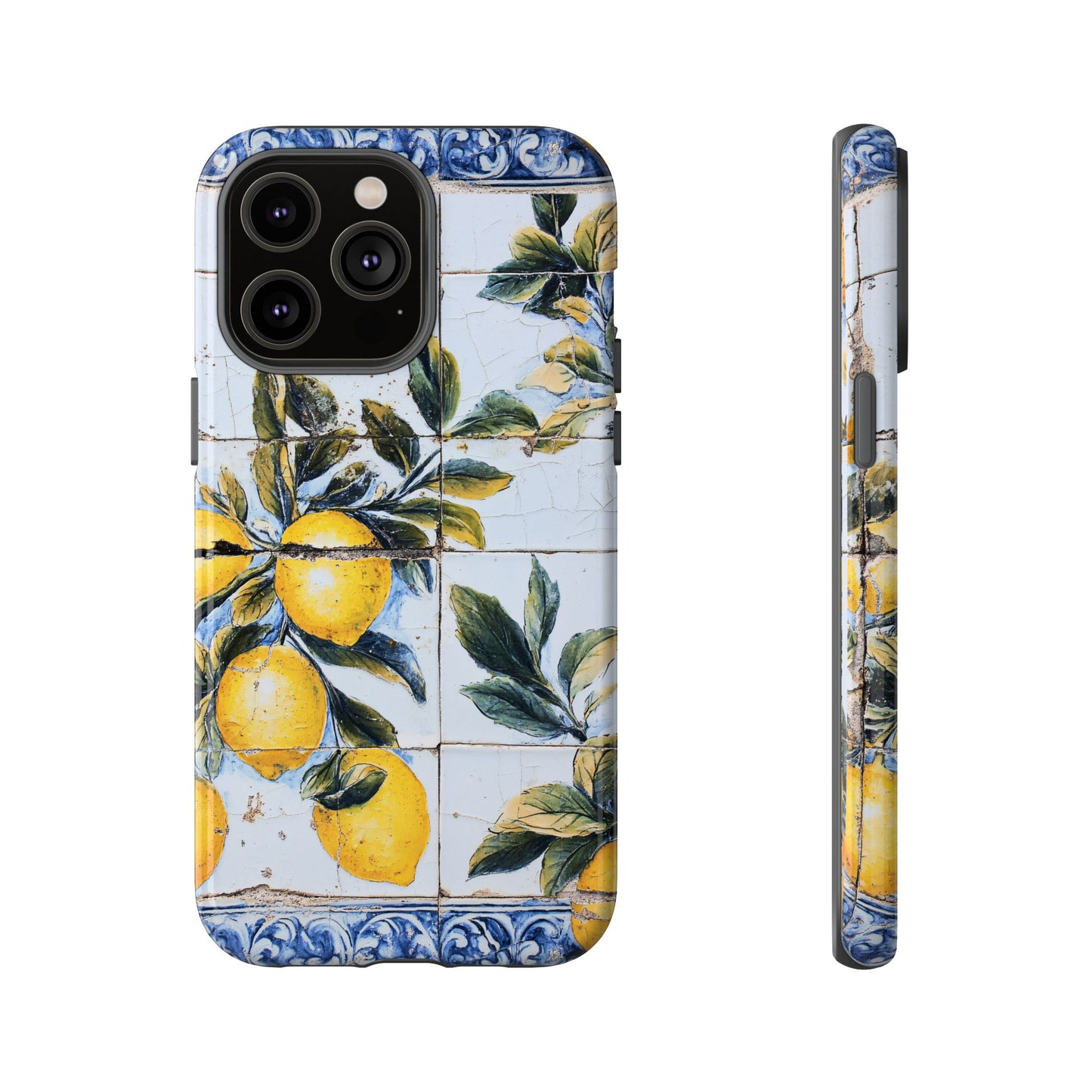 Phone Case, Coastal Tough Case With Lemons in Distressed Ceramic Tile Design, Protective Cover, Summer Accessory, Mediterranean Style iPhone