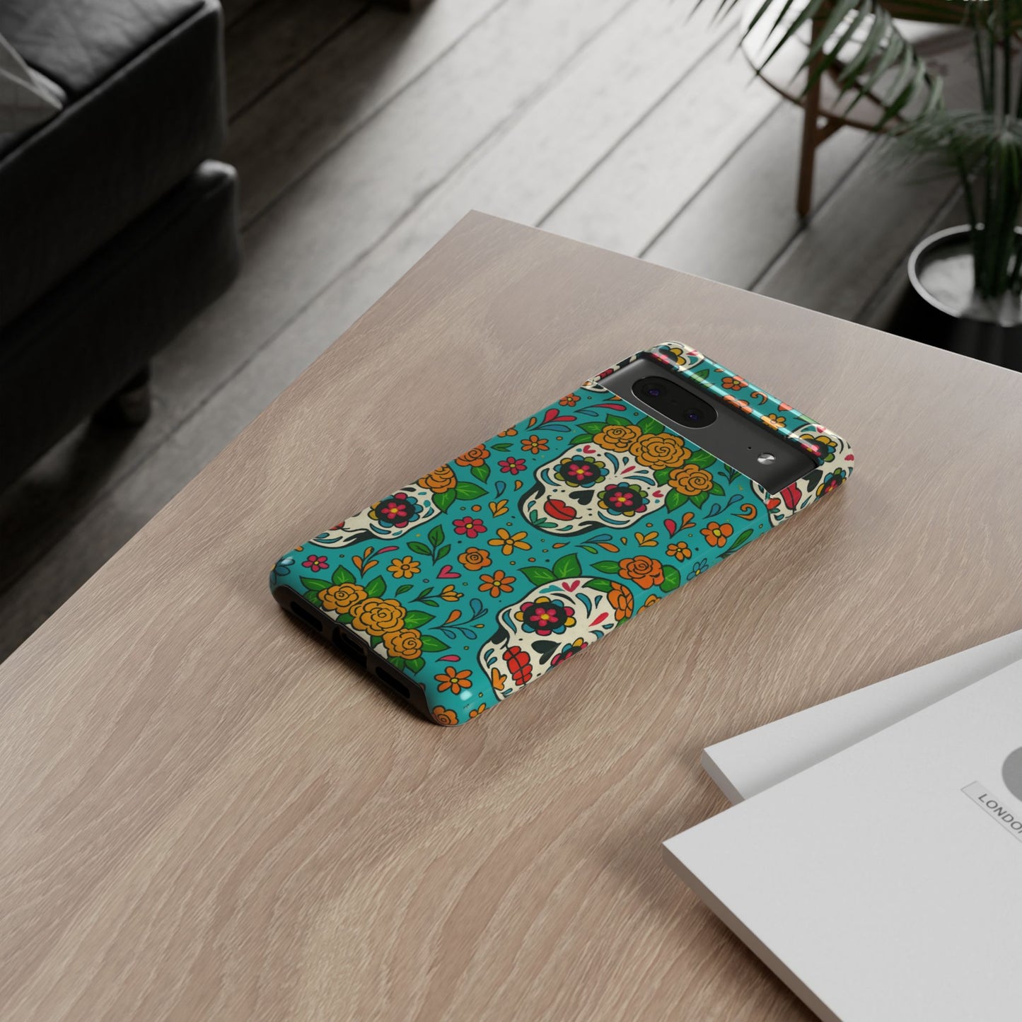 Teal Mexican Style Phone Cases With Floral Skulls - Dia De Los Muertos