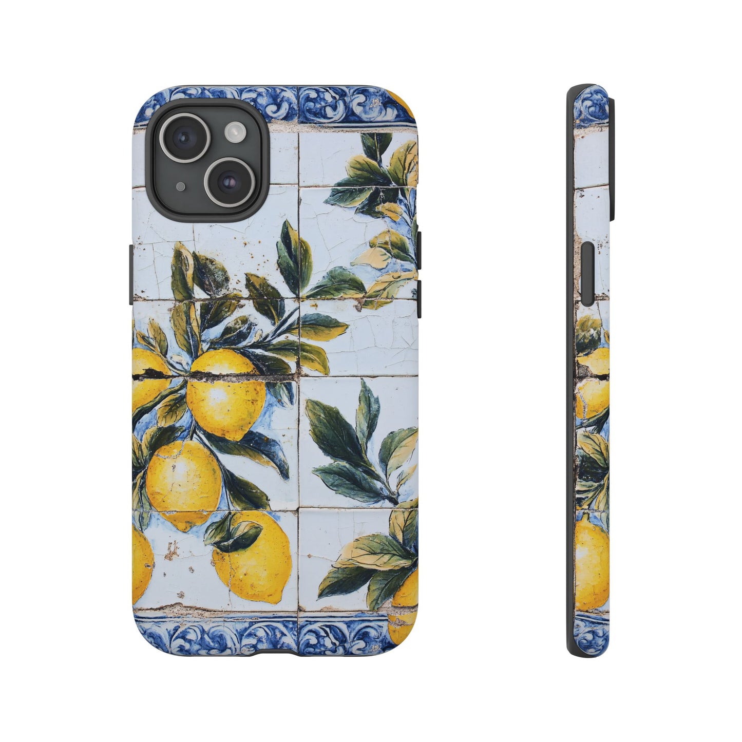 Phone Case, Coastal Tough Case With Lemons in Distressed Ceramic Tile Design, Protective Cover, Summer Accessory, Mediterranean Style iPhone
