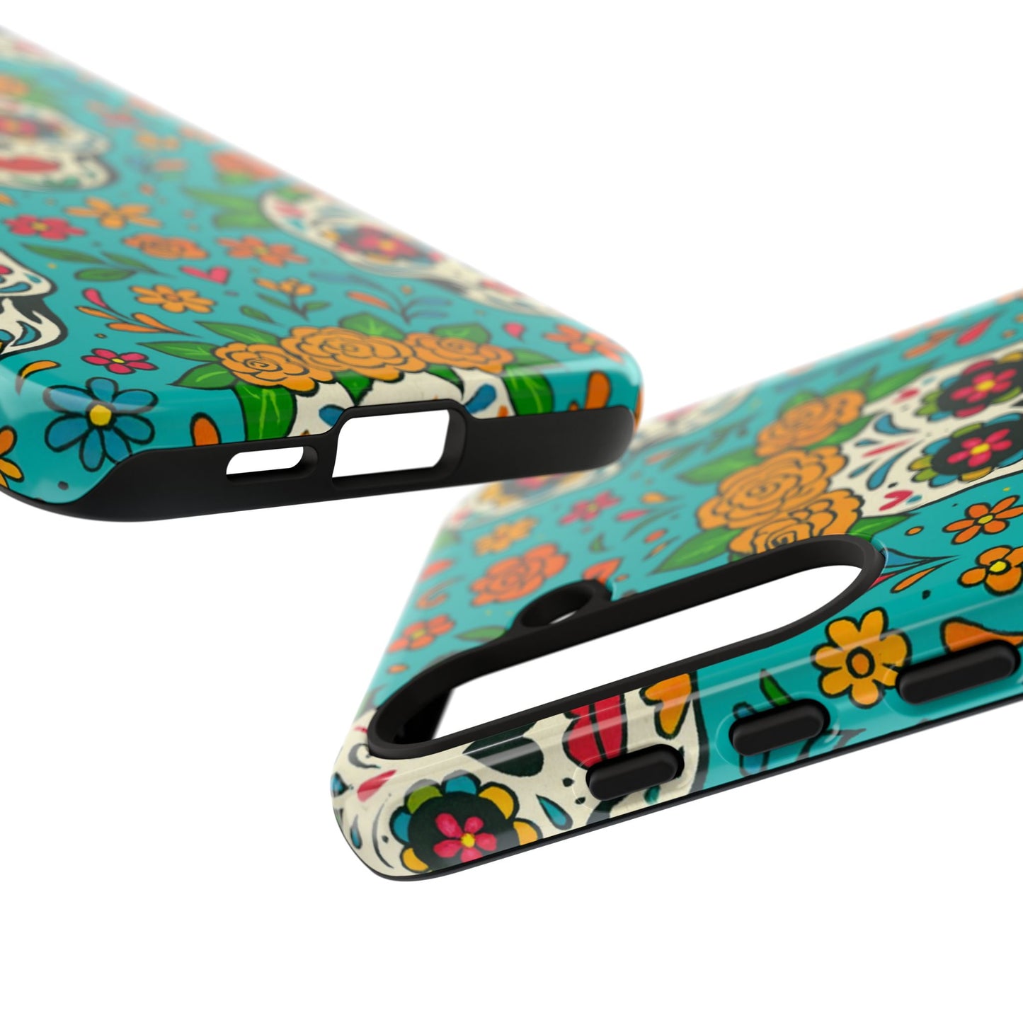 Teal Mexican Style Phone Cases With Floral Skulls - Dia De Los Muertos