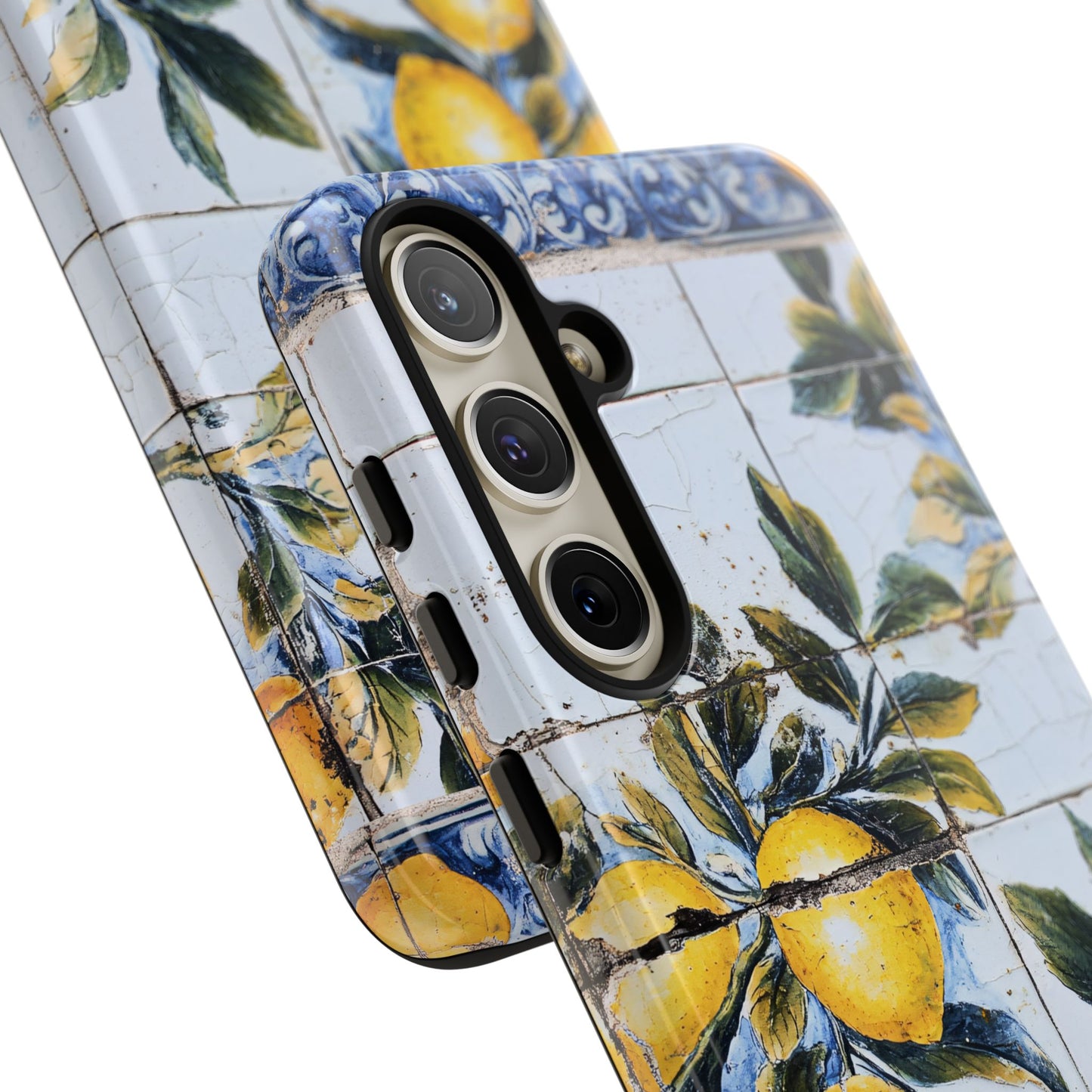 Phone Case, Coastal Tough Case With Lemons in Distressed Ceramic Tile Design, Protective Cover, Summer Accessory, Mediterranean Style iPhone