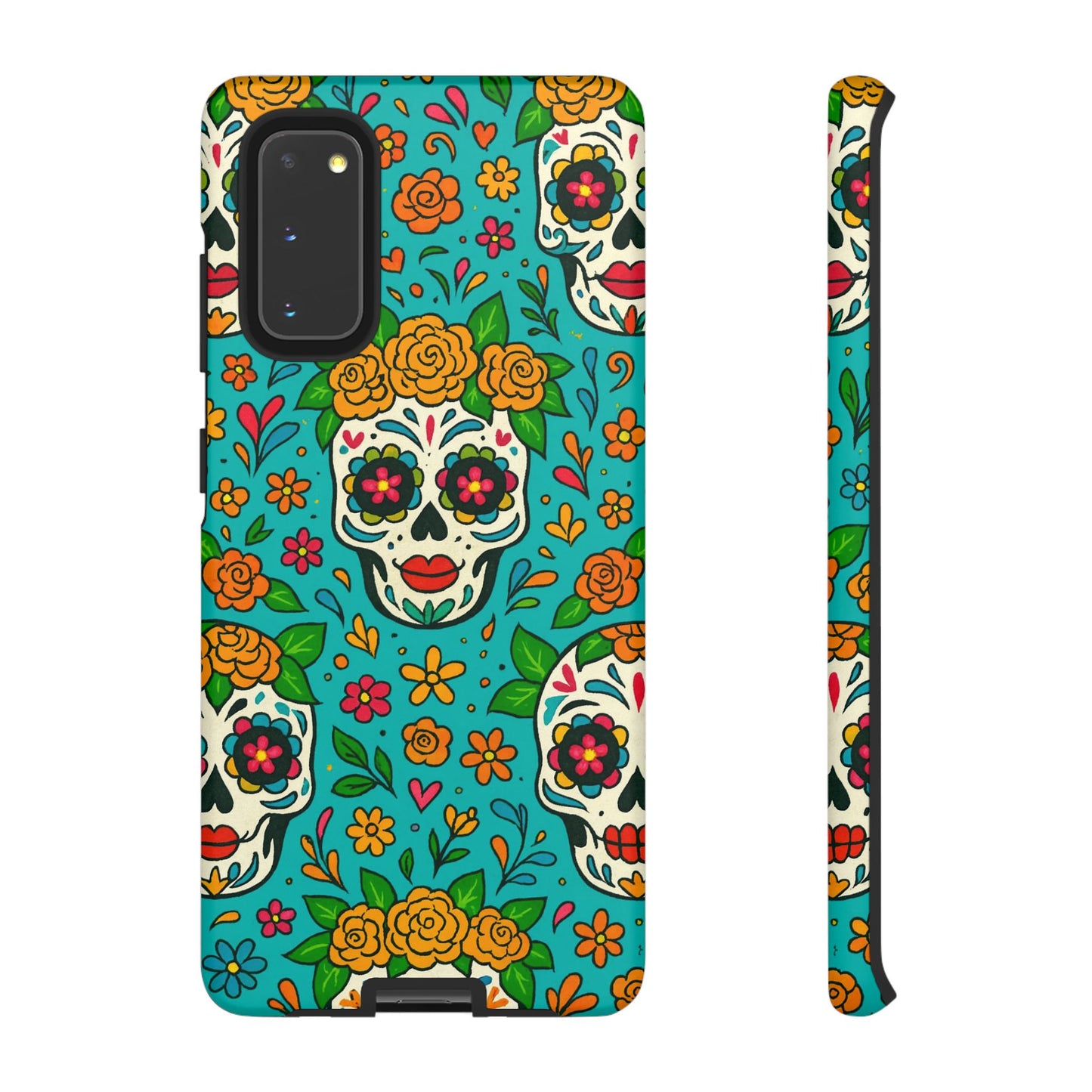 Teal Mexican Style Phone Cases With Floral Skulls - Dia De Los Muertos