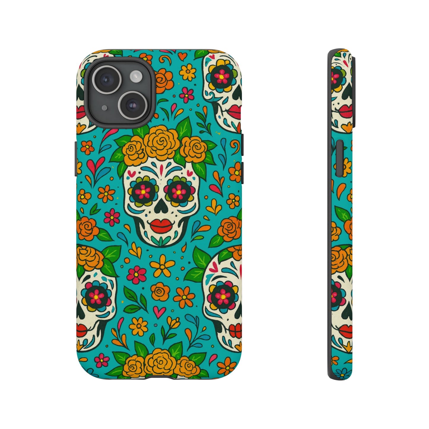 Teal Mexican Style Phone Cases With Floral Skulls - Dia De Los Muertos