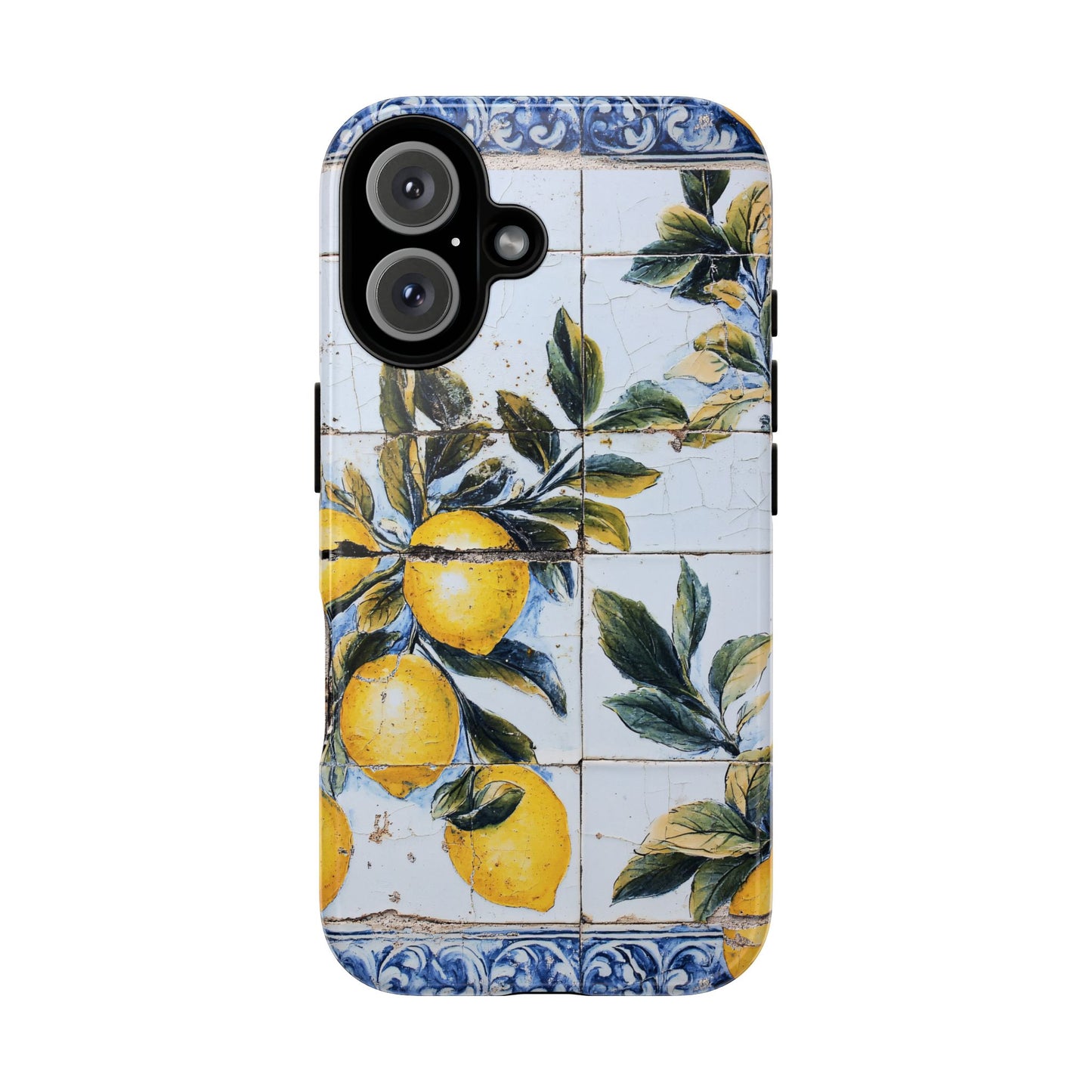 Phone Case, Coastal Tough Case With Lemons in Distressed Ceramic Tile Design, Protective Cover, Summer Accessory, Mediterranean Style iPhone