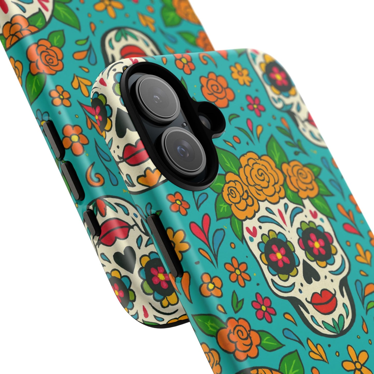 Teal Mexican Style Phone Cases With Floral Skulls - Dia De Los Muertos