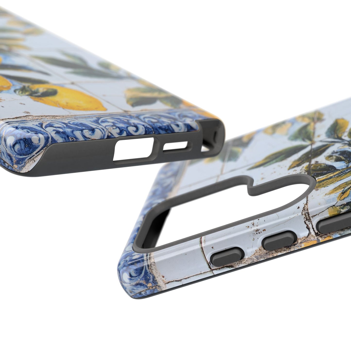 Phone Case, Coastal Tough Case With Lemons in Distressed Ceramic Tile Design, Protective Cover, Summer Accessory, Mediterranean Style iPhone