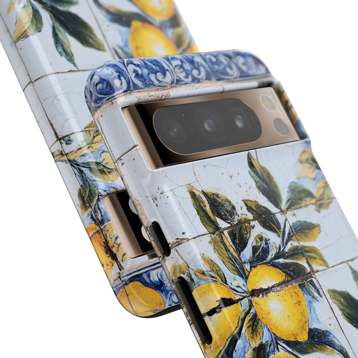 Phone Case, Coastal Tough Case With Lemons in Distressed Ceramic Tile Design, Protective Cover, Summer Accessory, Mediterranean Style iPhone