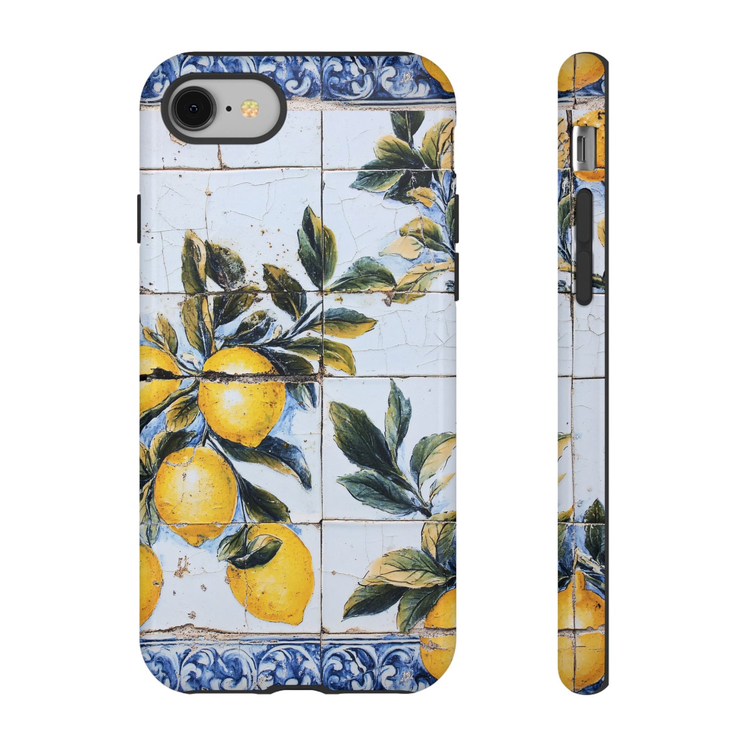 Phone Case, Coastal Tough Case With Lemons in Distressed Ceramic Tile Design, Protective Cover, Summer Accessory, Mediterranean Style iPhone