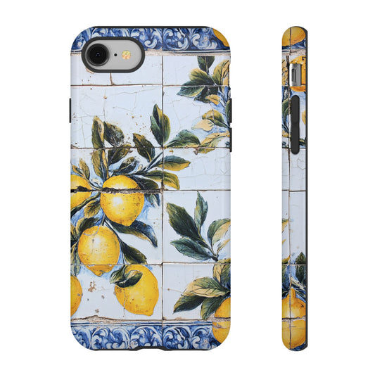 Phone Case, Coastal Tough Case With Lemons in Distressed Ceramic Tile Design, Protective Cover, Summer Accessory, Mediterranean Style iPhone
