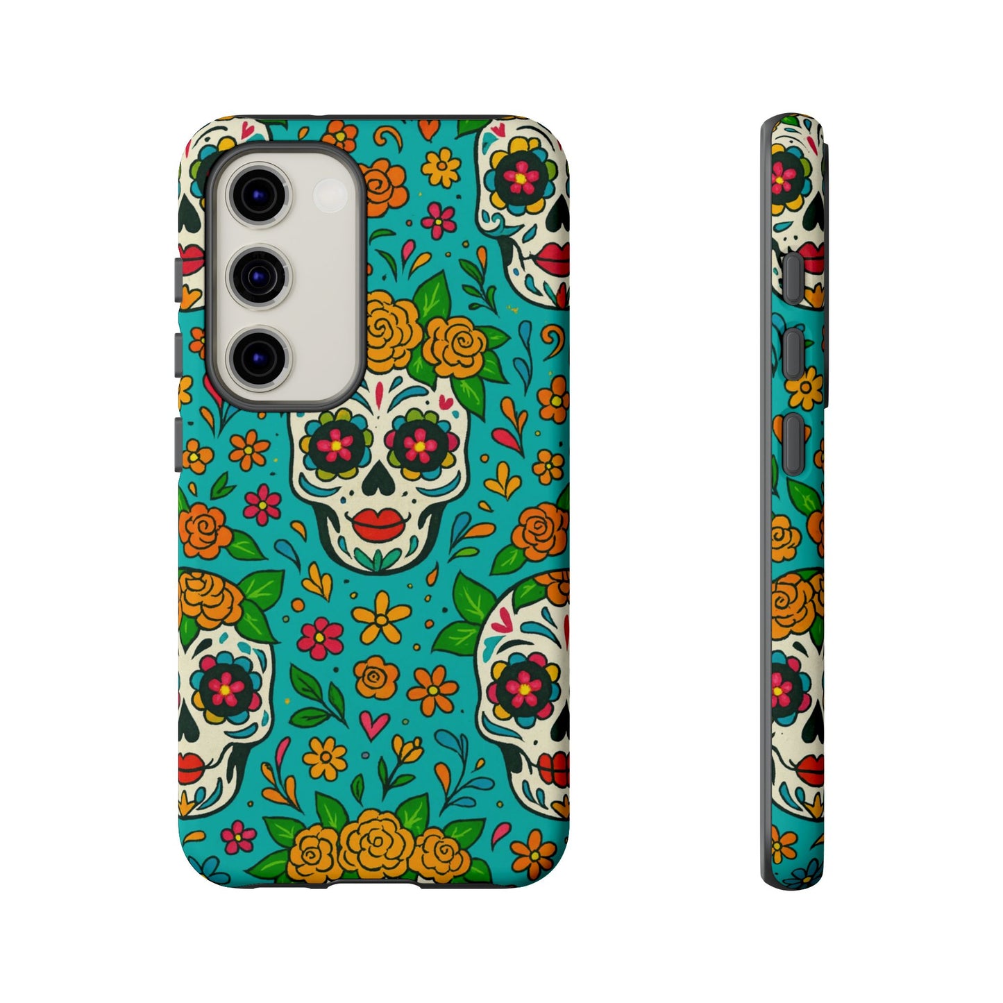 Teal Mexican Style Phone Cases With Floral Skulls - Dia De Los Muertos