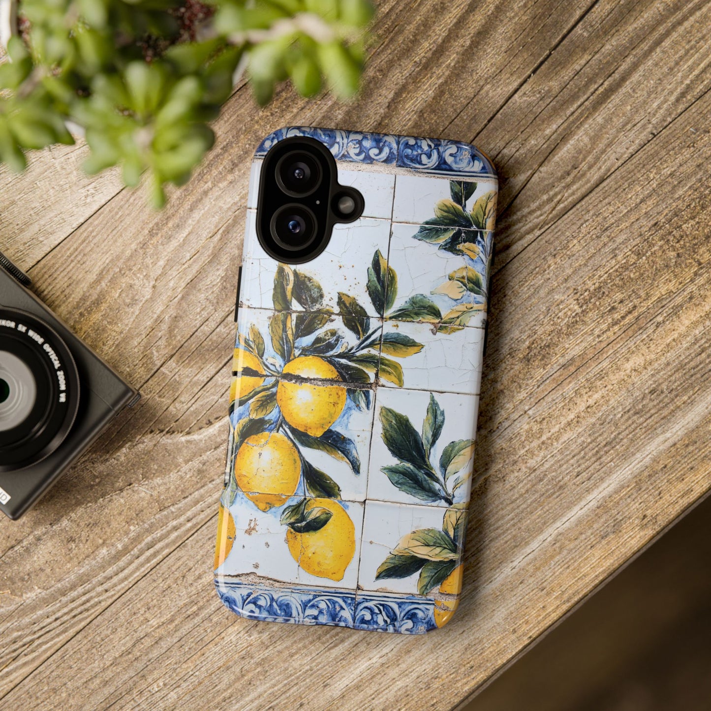 Phone Case, Coastal Tough Case With Lemons in Distressed Ceramic Tile Design, Protective Cover, Summer Accessory, Mediterranean Style iPhone