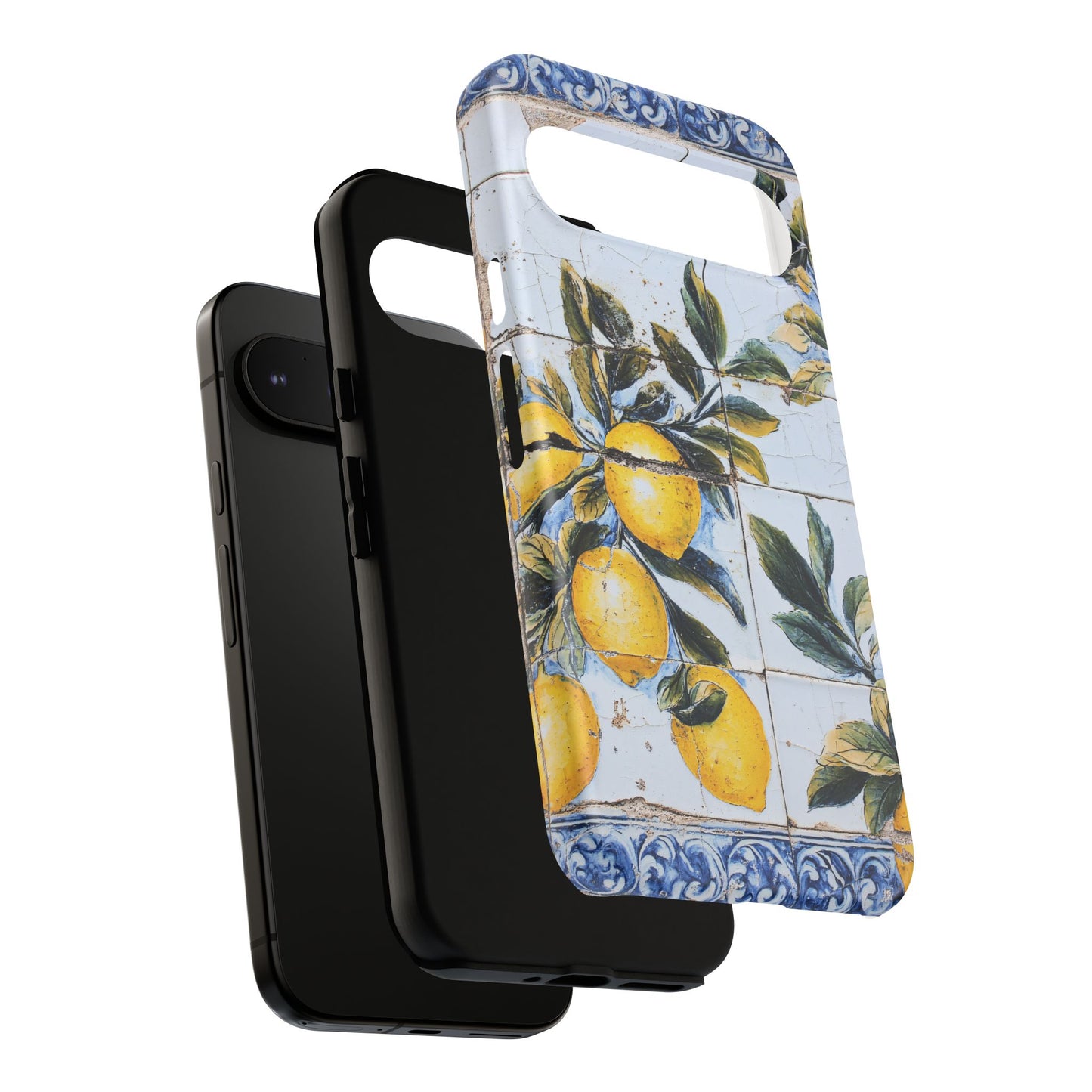 Phone Case, Coastal Tough Case With Lemons in Distressed Ceramic Tile Design, Protective Cover, Summer Accessory, Mediterranean Style iPhone