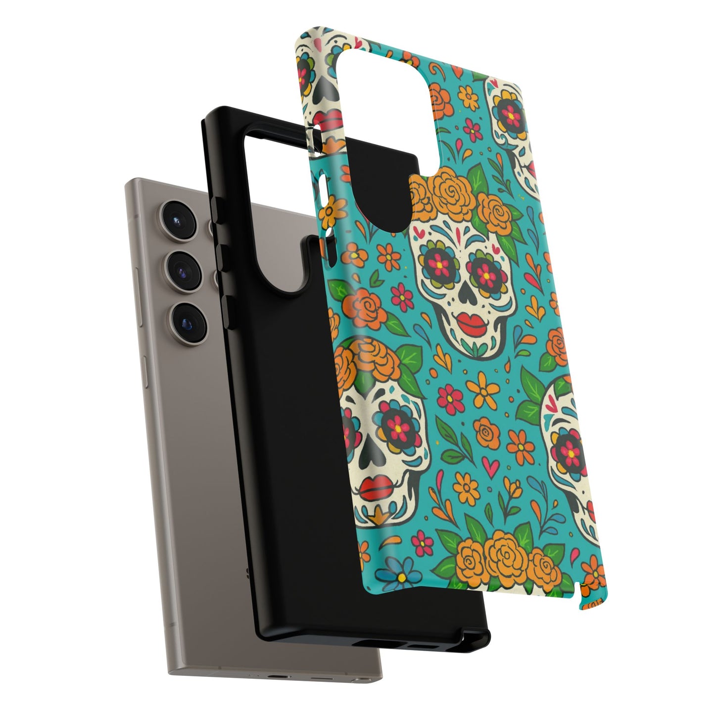Teal Mexican Style Phone Cases With Floral Skulls - Dia De Los Muertos