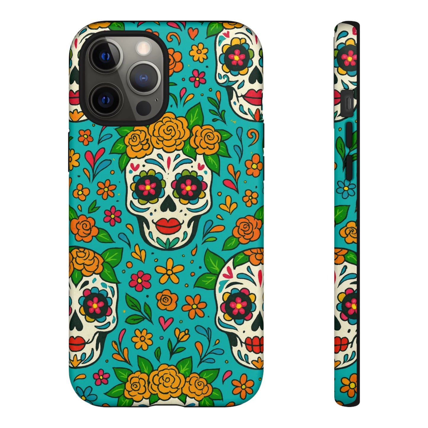 Teal Mexican Style Phone Cases With Floral Skulls - Dia De Los Muertos