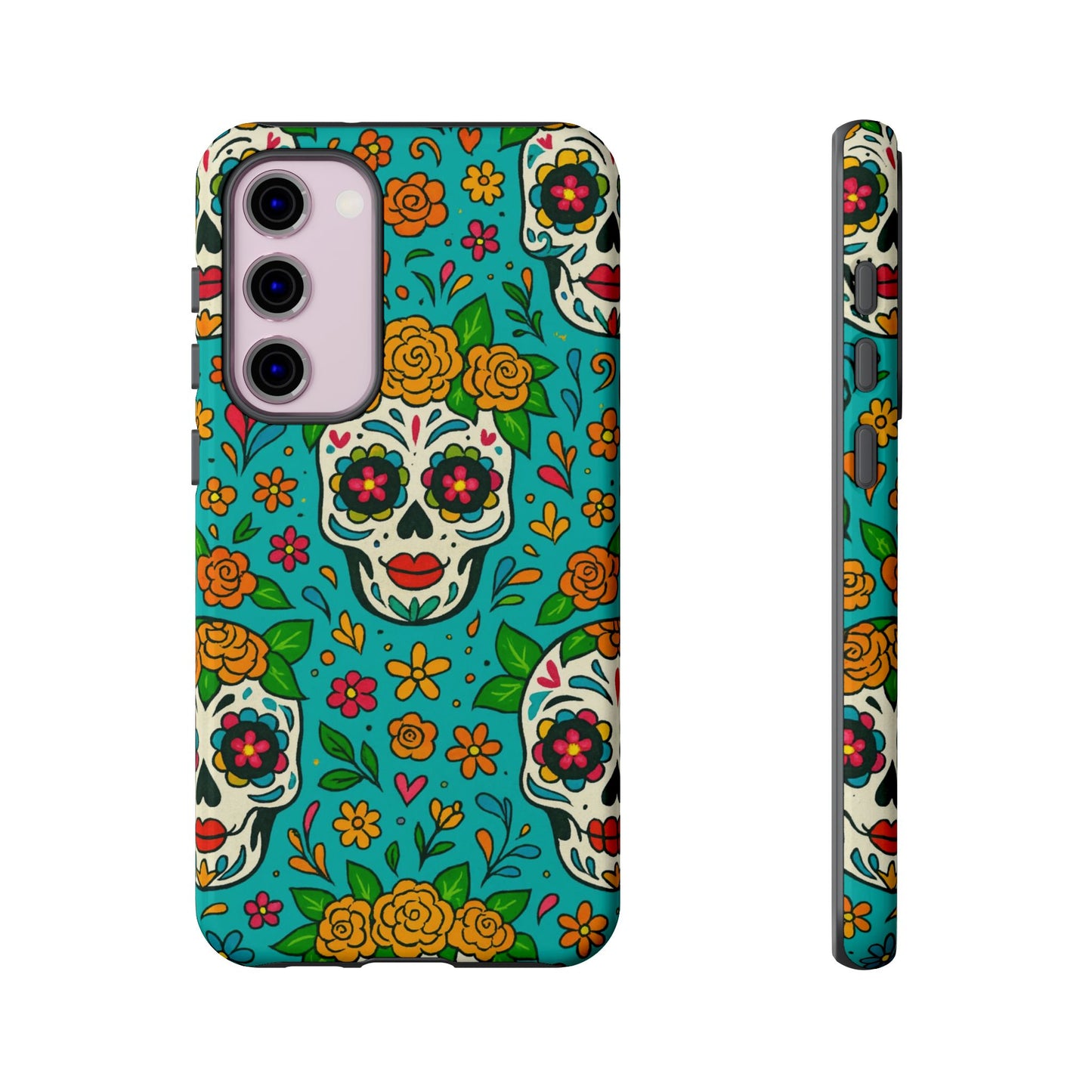 Teal Mexican Style Phone Cases With Floral Skulls - Dia De Los Muertos