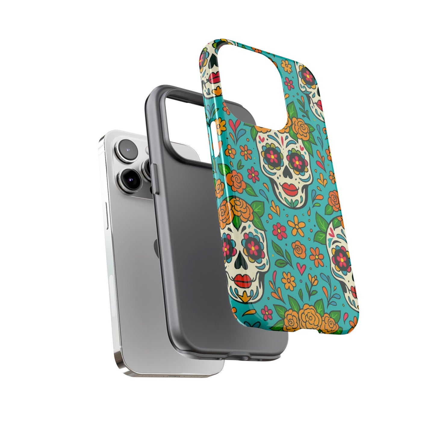 Teal Mexican Style Phone Cases With Floral Skulls - Dia De Los Muertos