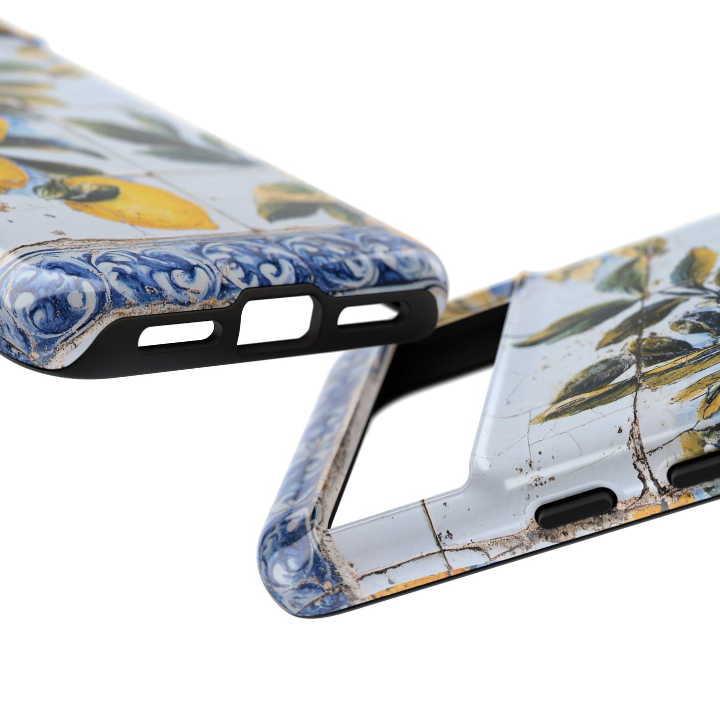 Phone Case, Coastal Tough Case With Lemons in Distressed Ceramic Tile Design, Protective Cover, Summer Accessory, Mediterranean Style iPhone