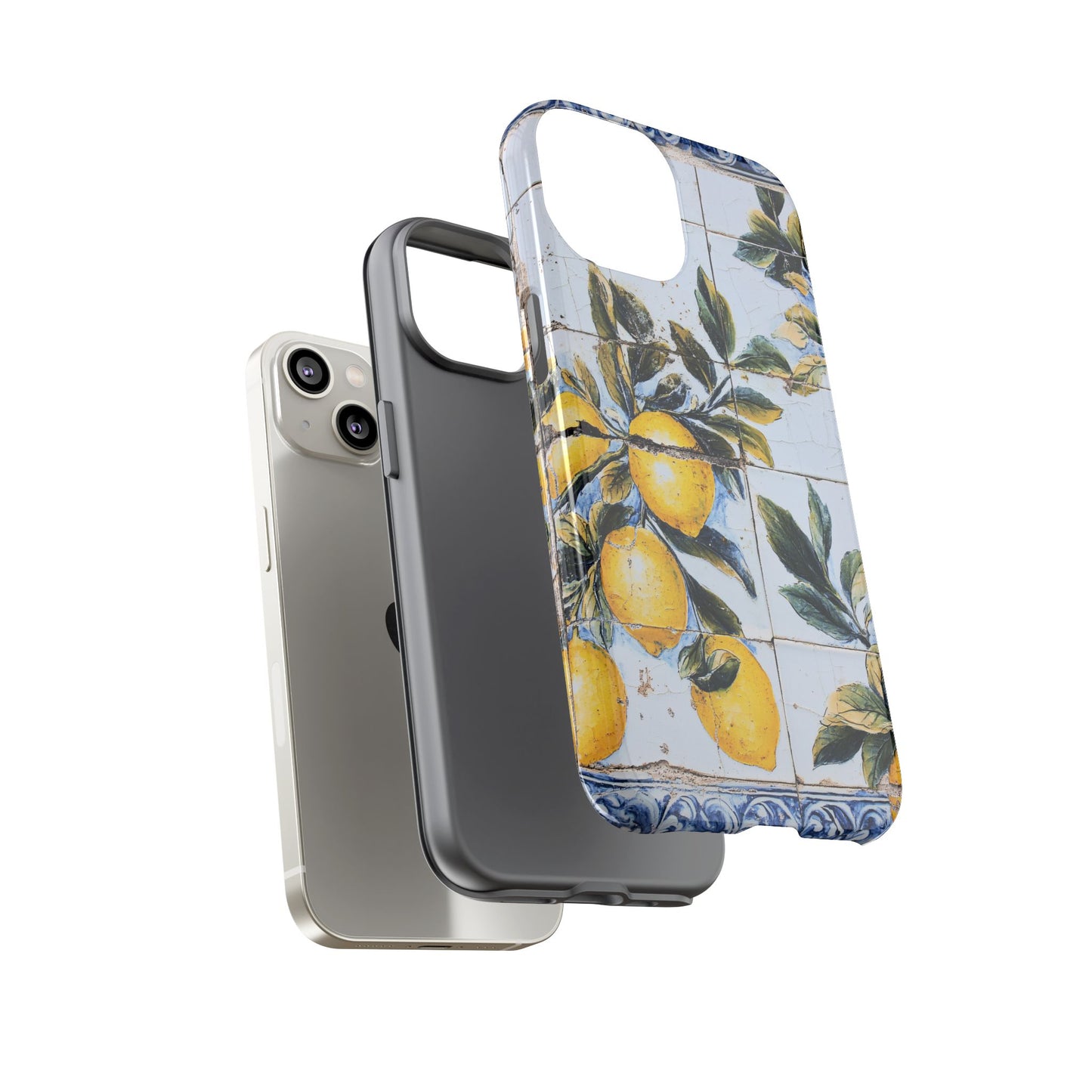 Phone Case, Coastal Tough Case With Lemons in Distressed Ceramic Tile Design, Protective Cover, Summer Accessory, Mediterranean Style iPhone