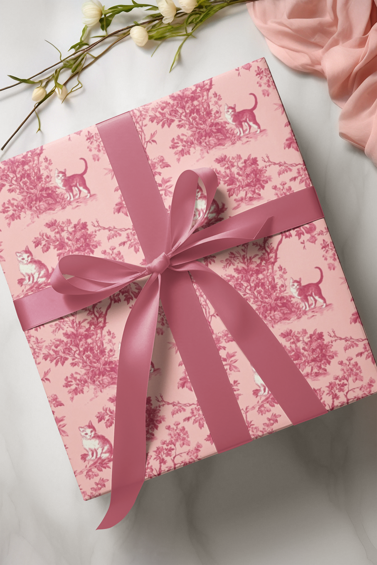 Gift Wrap Papers - Pink Toile Cats, Romantic French Style Pattern